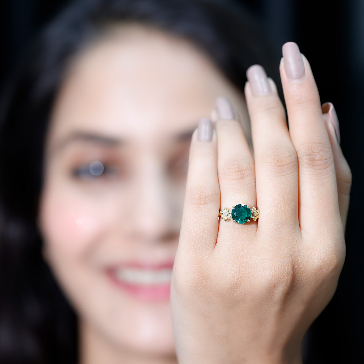 Certified Lab Grown Emerald Flower Engagement Ring with Diamond AAAA - Rosec Jewels
