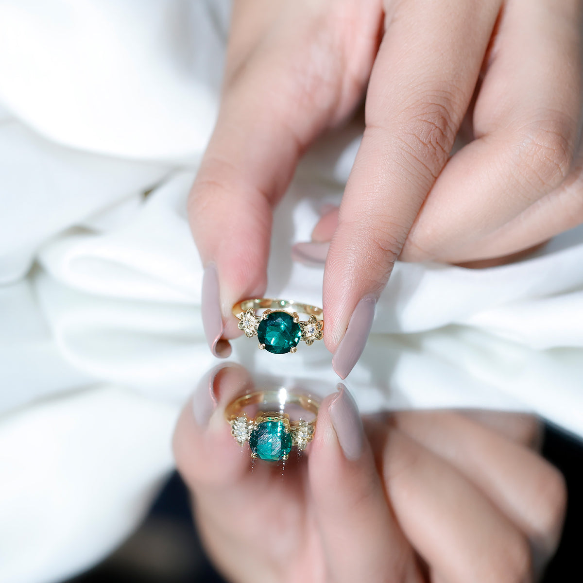 Certified Lab Grown Emerald Flower Engagement Ring with Diamond AAAA - Rosec Jewels