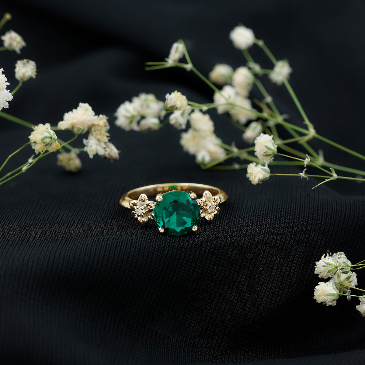 Certified Lab Grown Emerald Flower Engagement Ring with Diamond AAAA - Rosec Jewels