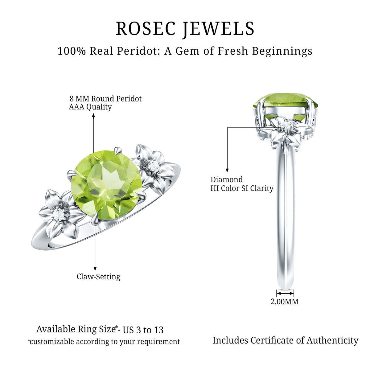 Natural 2 Carat Peridot Flower Engagement Ring with Diamond AAA - Rosec Jewels