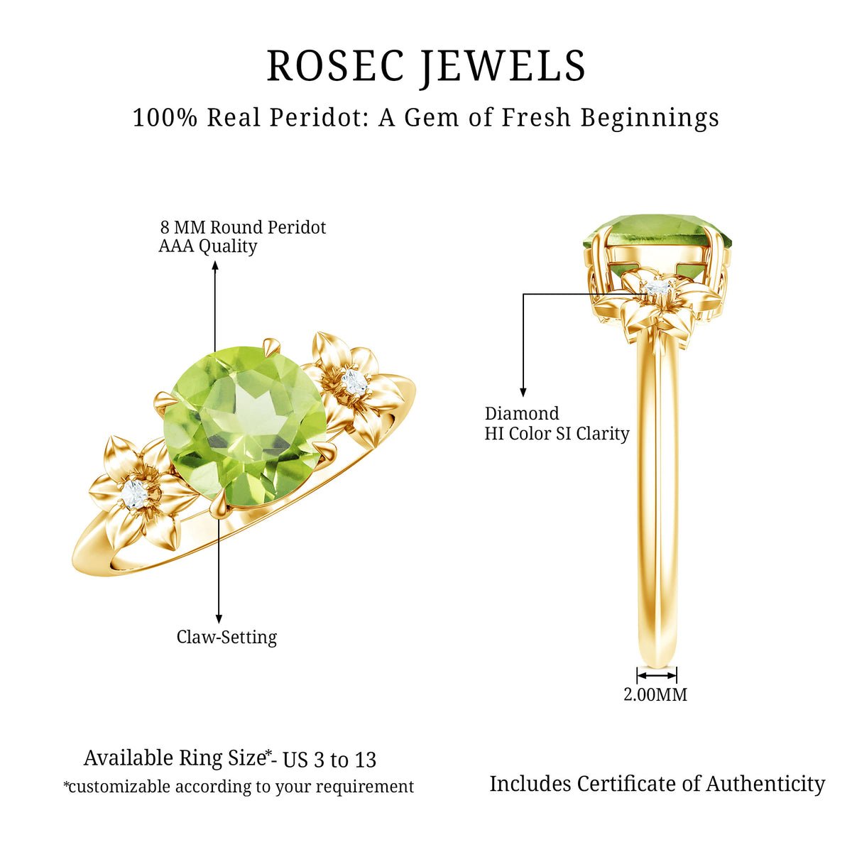 Natural 2 Carat Peridot Flower Engagement Ring with Diamond AAA - Rosec Jewels
