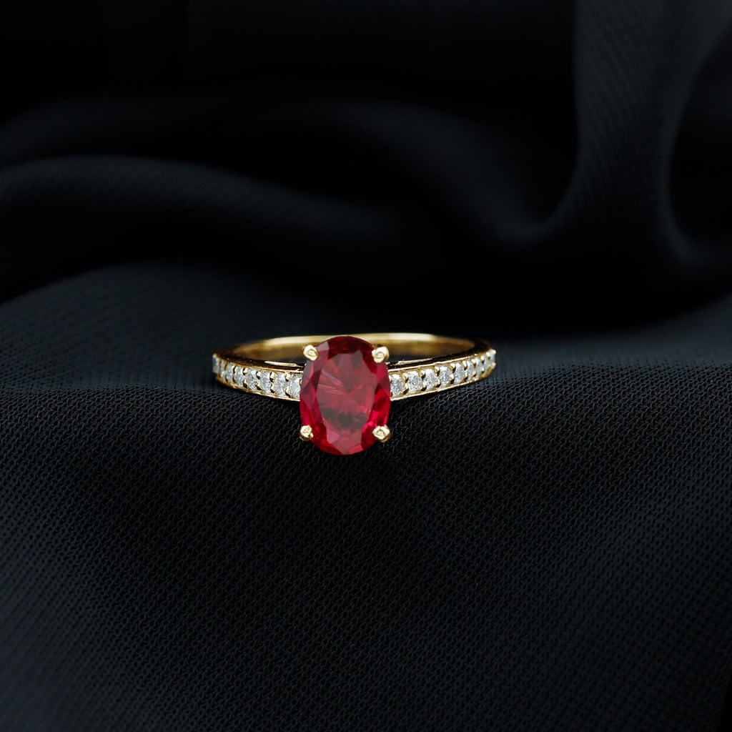 Rosec Jewels - Oval Lab Grown Ruby Solitaire Ring with Moissanite Side Stones