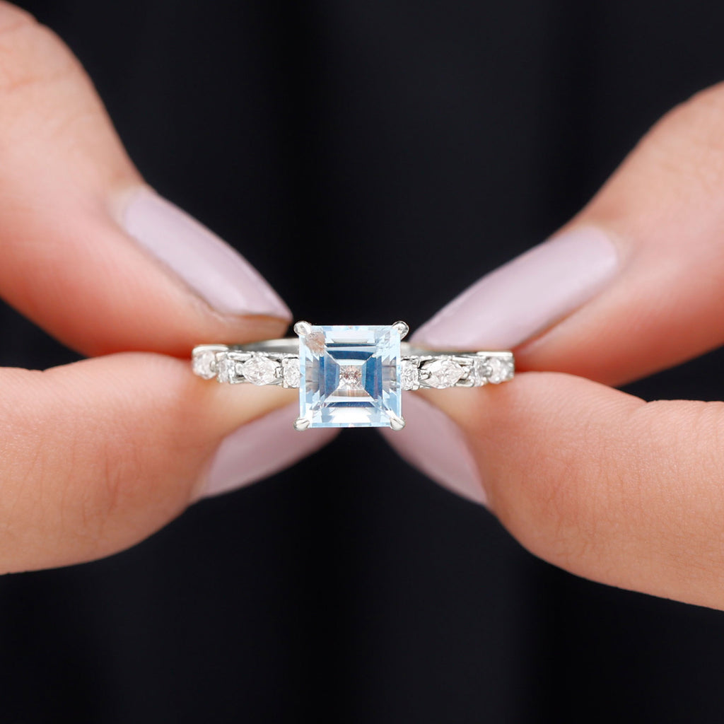 Rosec Jewels - Princess Cut Sky Blue Topaz Solitaire Engagement Ring with Moissanite