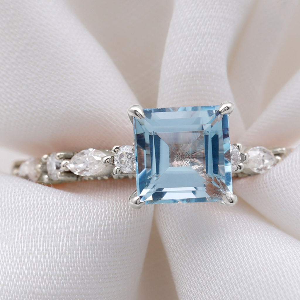 Rosec Jewels - Princess Cut Sky Blue Topaz Solitaire Engagement Ring with Moissanite