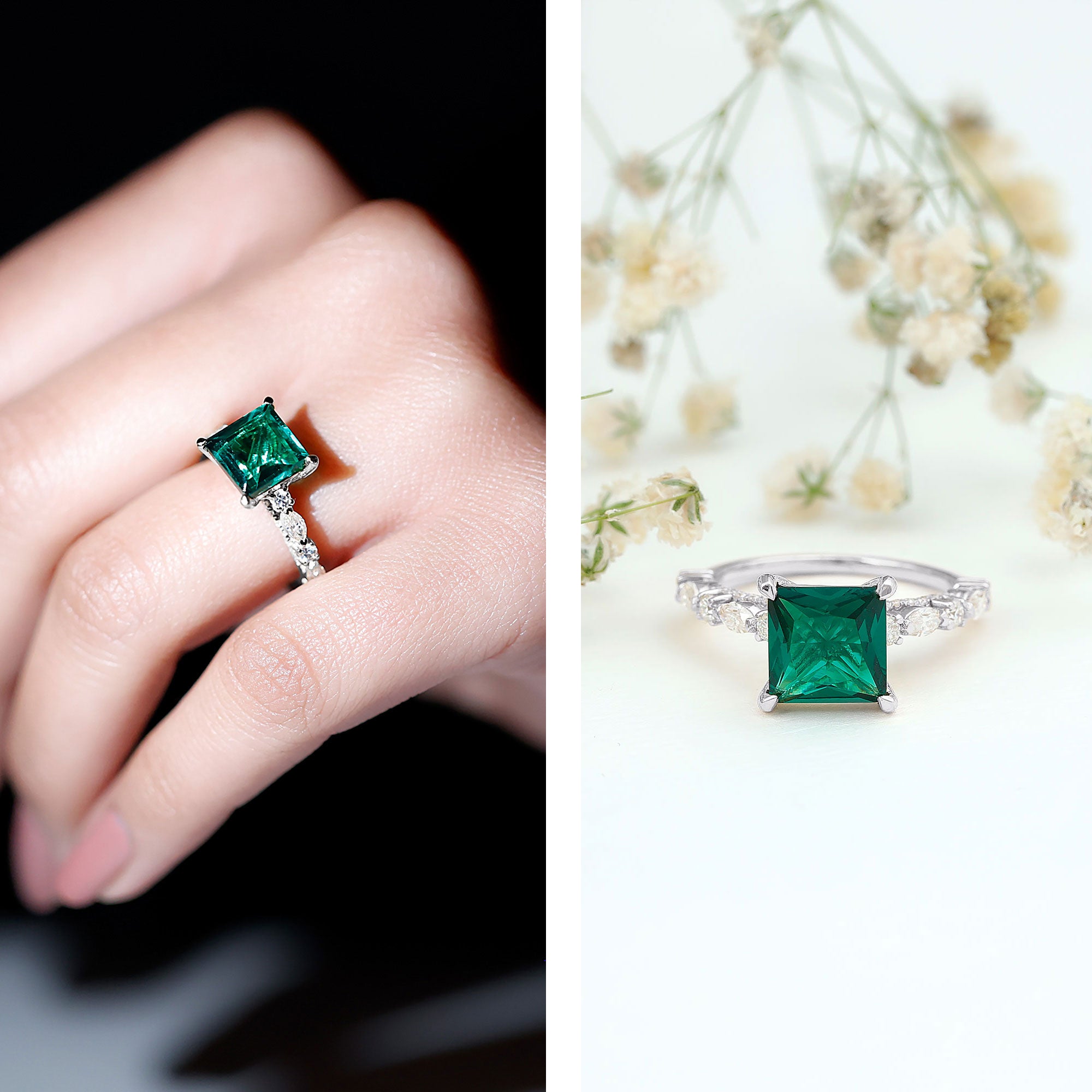 Rosec Jewels-8 MM Solitaire Lab Emerald Princess Cut Engagement Ring with Moissanite