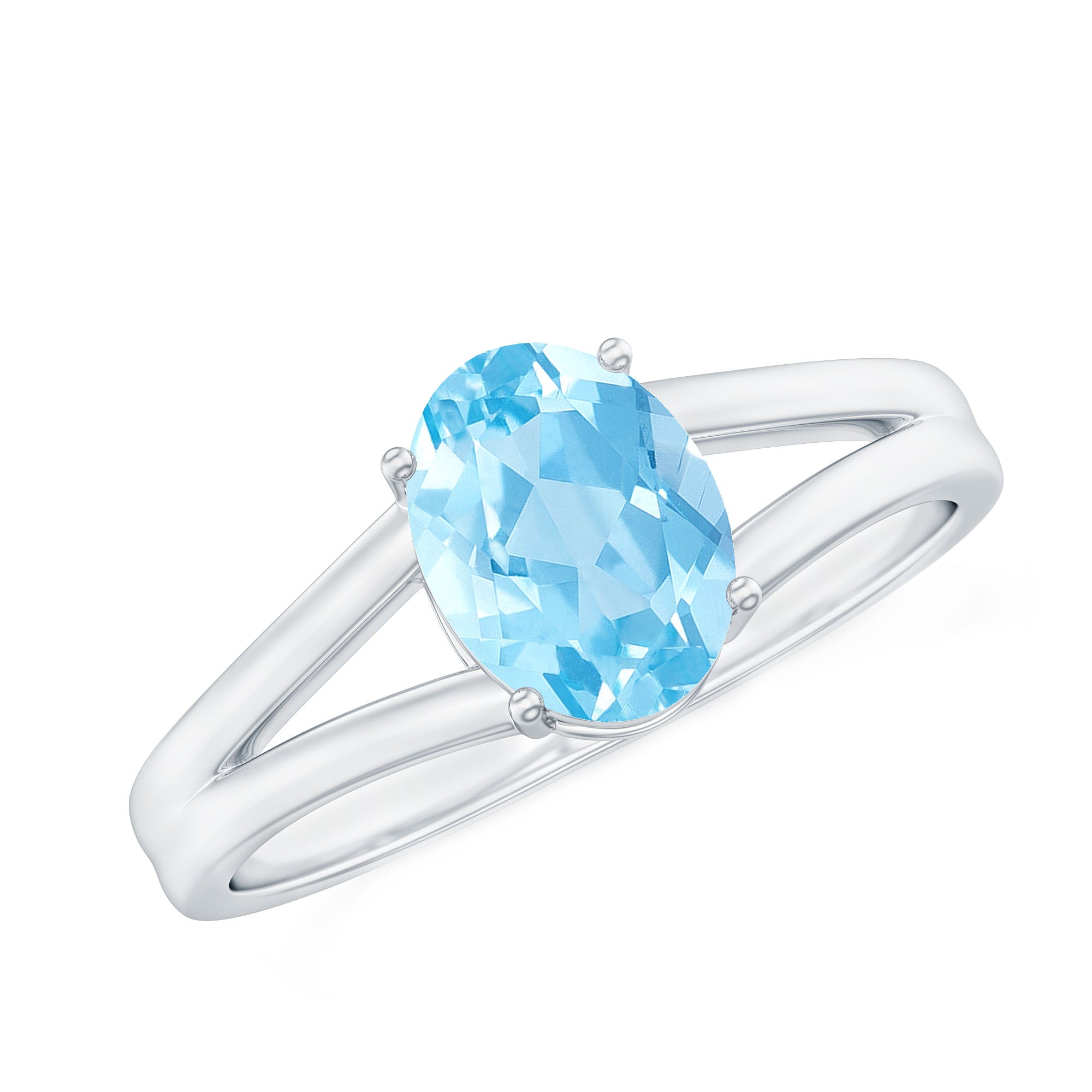 Rosec Jewels-Genuine Oval Aquamarine Solitaire Engagement Ring in Split Shank