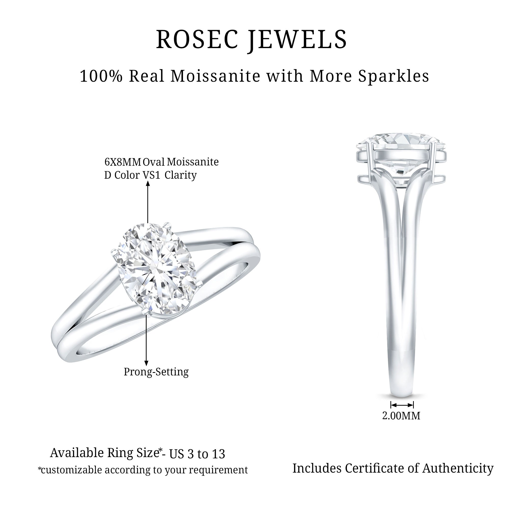 1.25 CT Oval Moissanite Engagement Ring With Certificate D-VS1 - Rosec Jewels