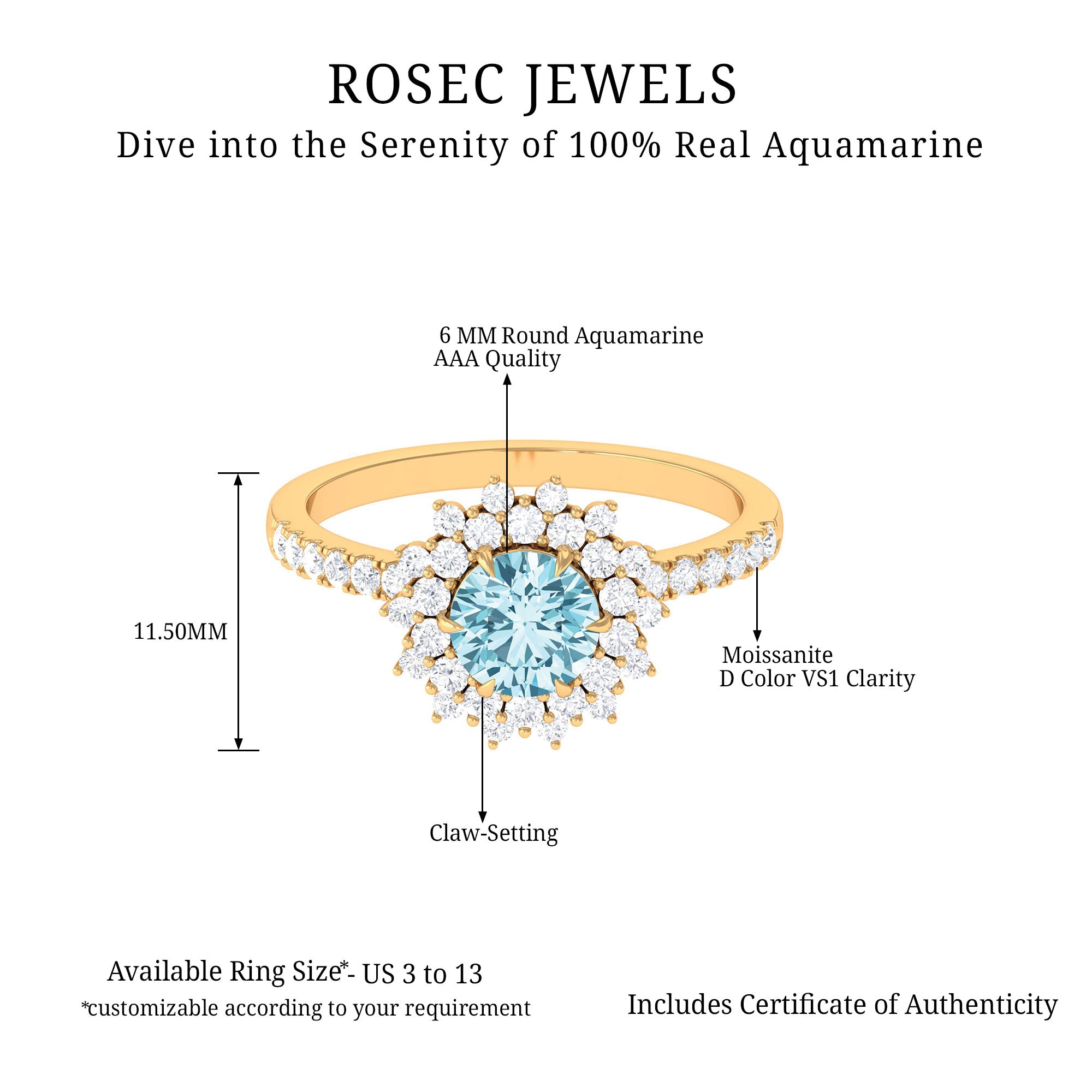 Aquamarine and Moissanite Cluster Halo Engagement Ring Aquamarine - ( AAA ) - Quality - Rosec Jewels