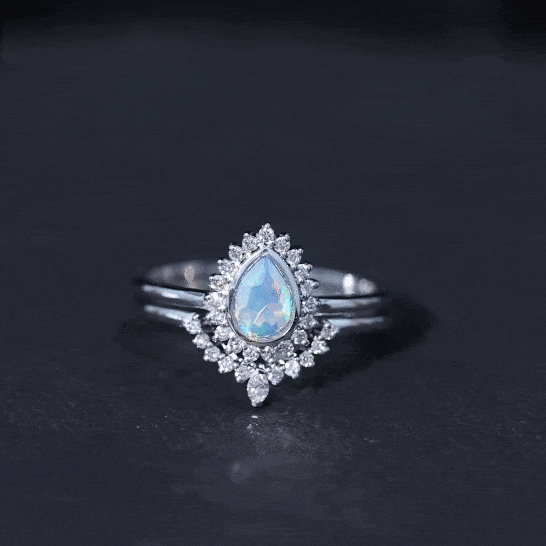 Real Ethiopian Opal Teardrop Wedding Ring Set with Diamond Halo Ethiopian Opal - ( AAA ) - Quality - Rosec Jewels