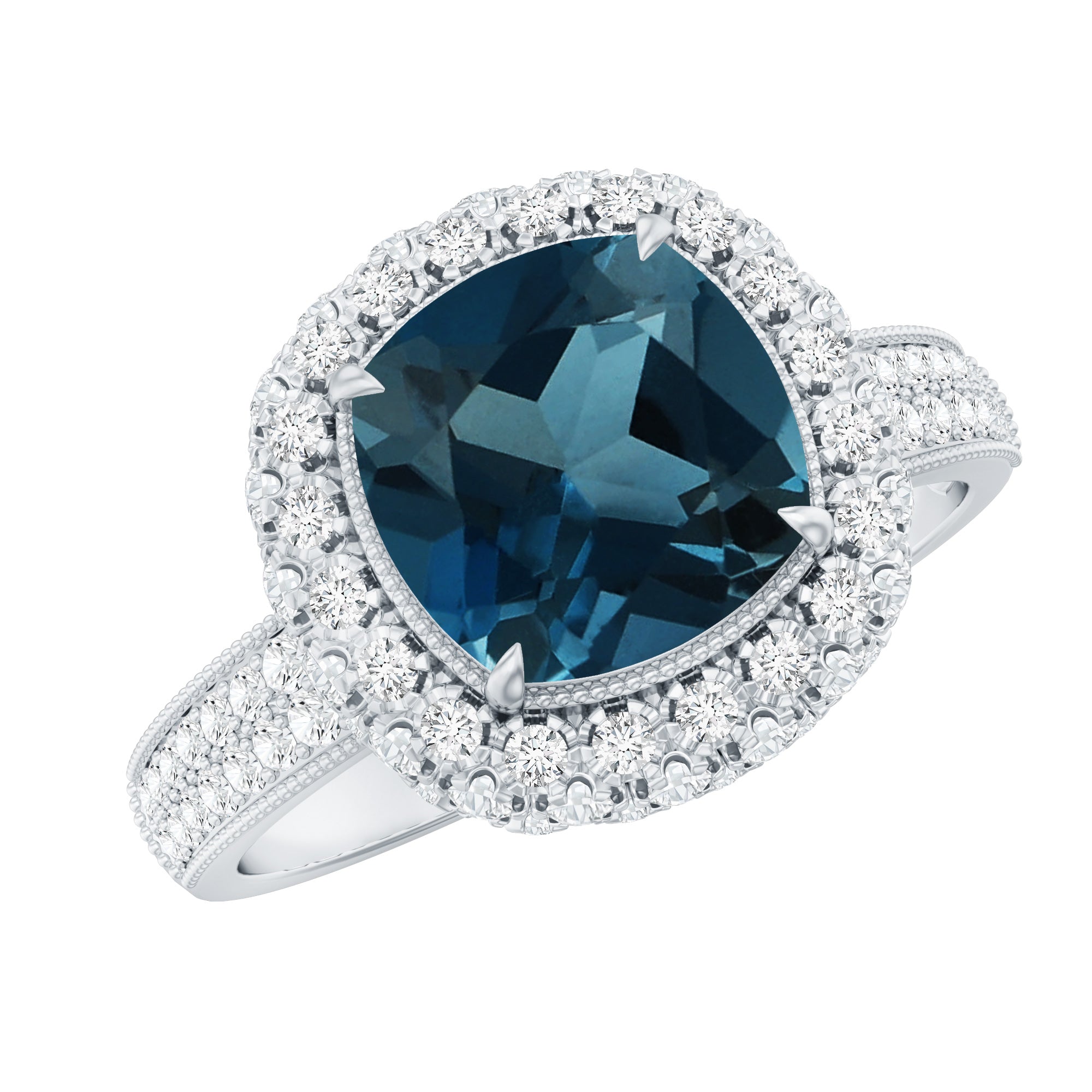 Vintage Inspired London Blue Topaz Designer Engagement Ring with Moissanite