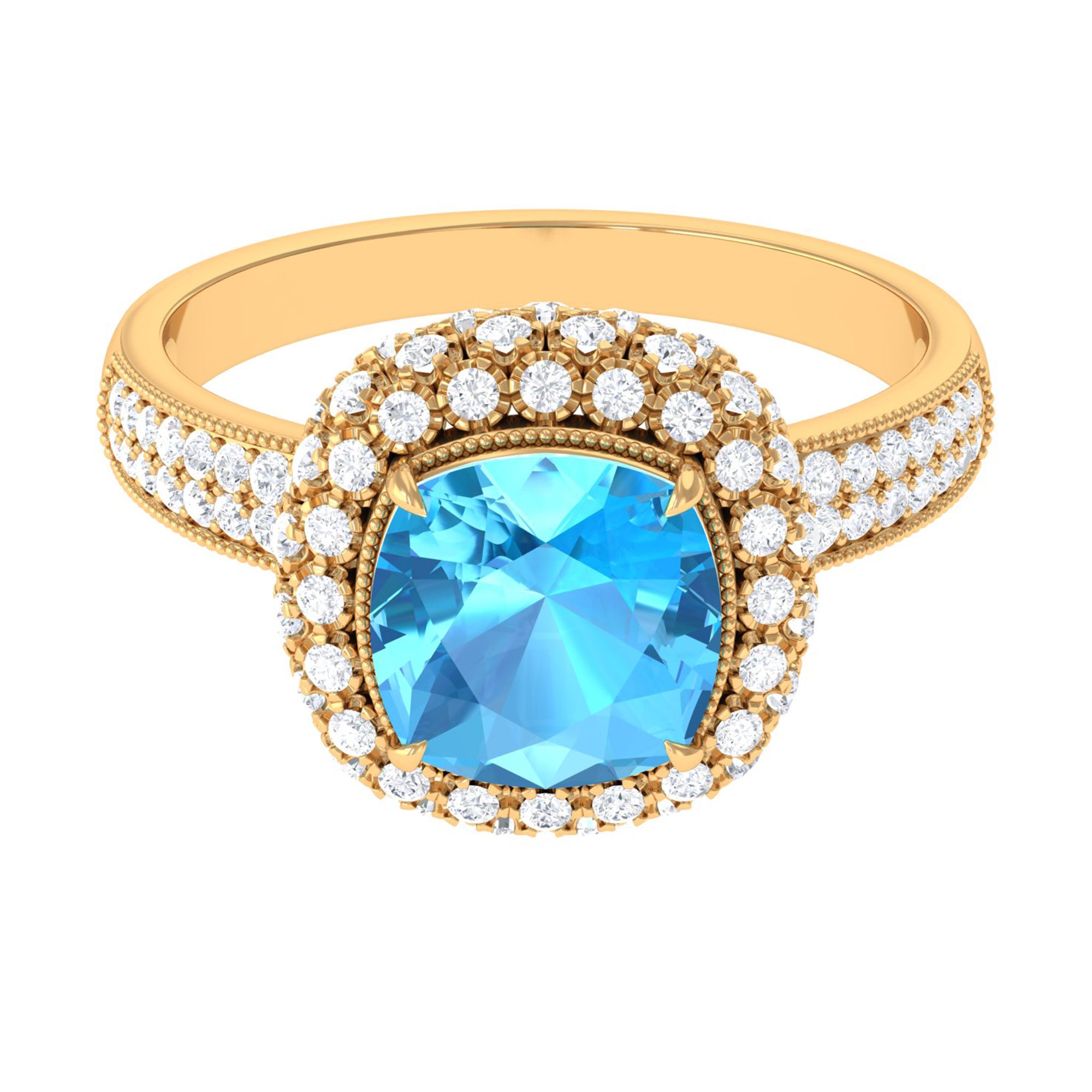 Cushion Cut Swiss Blue Topaz Statement Engagement Ring with Moissanite Swiss Blue Topaz - ( AAA ) - Quality - Rosec Jewels