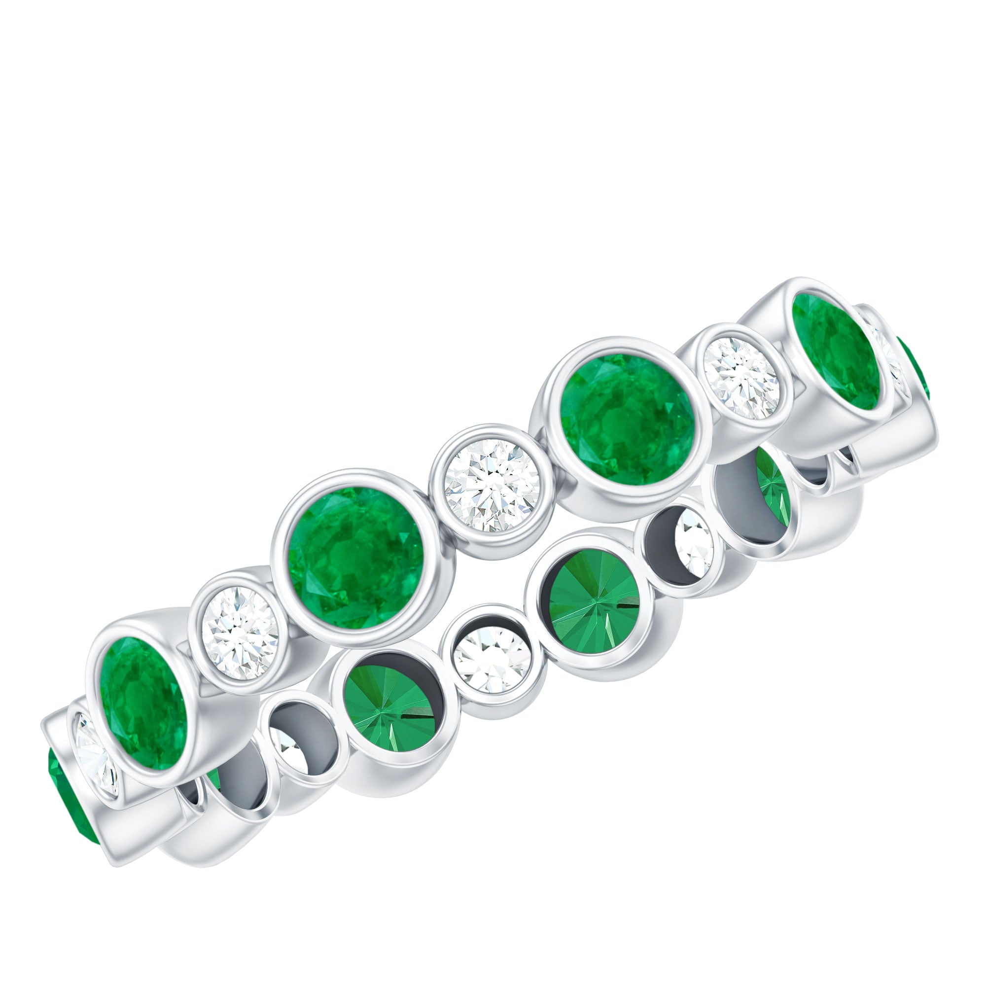 Bezel Set Round Emerald and Moissanite Eternity Wedding Band