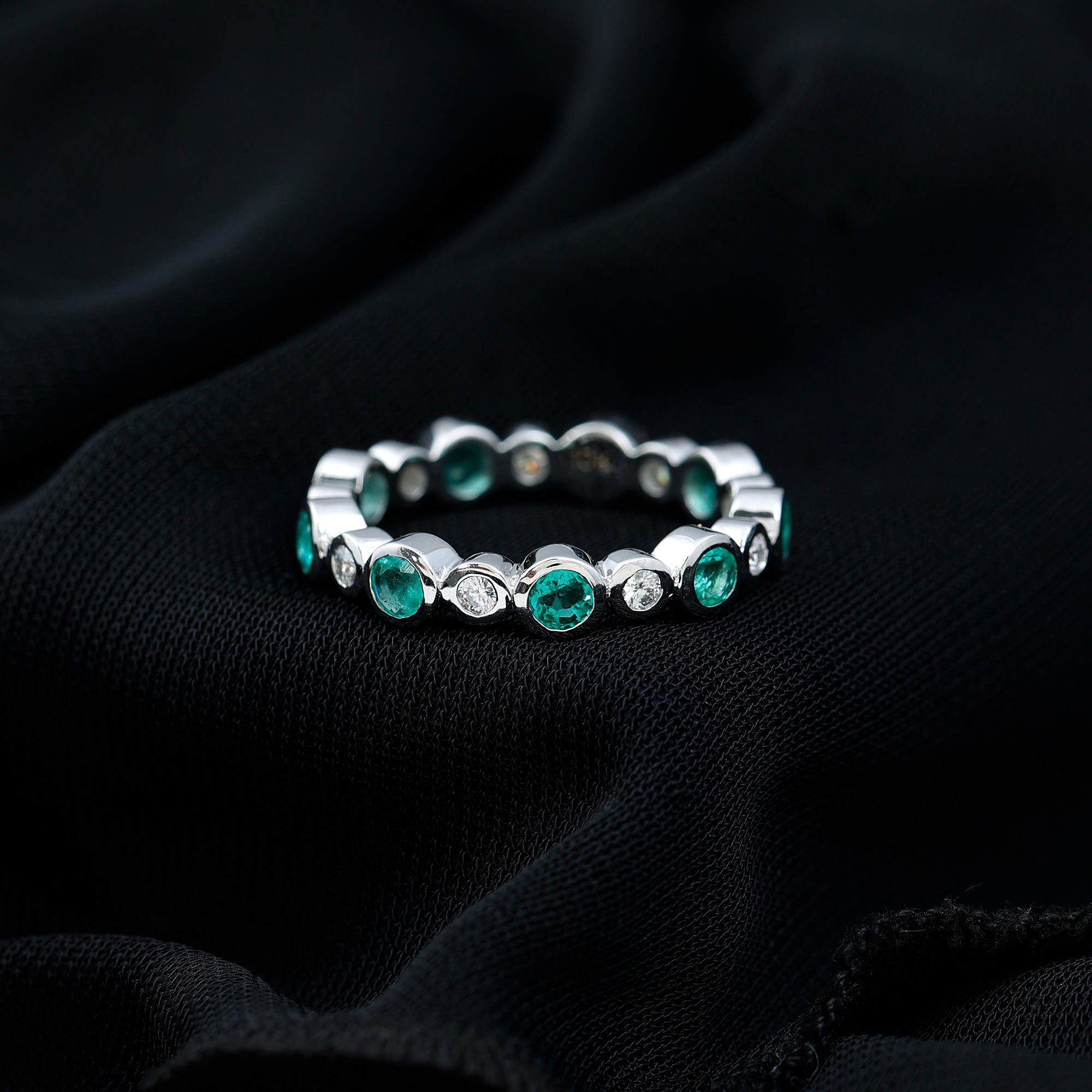 Round Cut Emerald and Moissanite Uneven Eternity Ring in Bezel Setting Emerald - ( AAA ) - Quality - Rosec Jewels