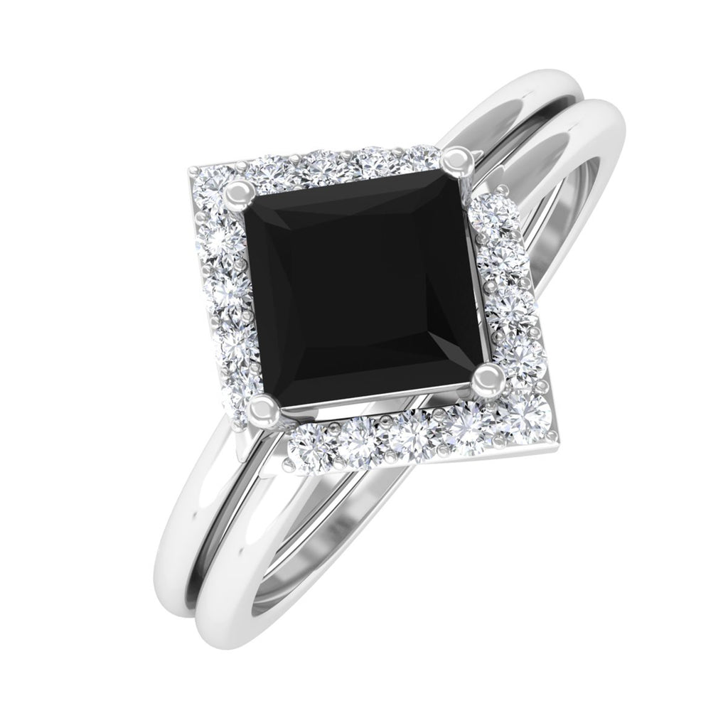 0.75 CT Minimal Princess Cut Black Onyx and Diamond Engagement Enhancer Ring Set Black Onyx - ( AAA ) - Quality - Rosec Jewels