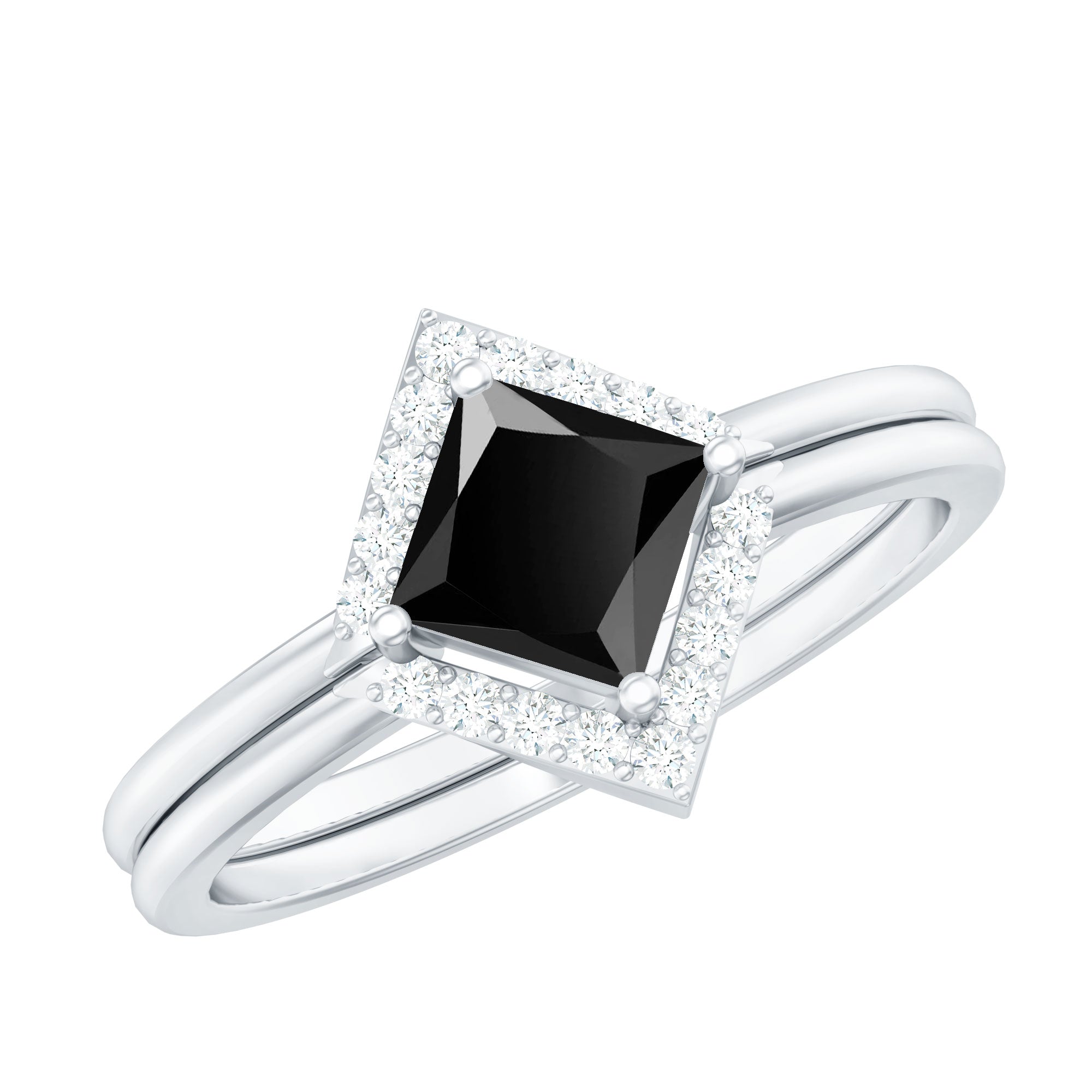 Rosec Jewels-Real Black Onyx and Diamond Princess Cut Engagement Ring With Ring Guard