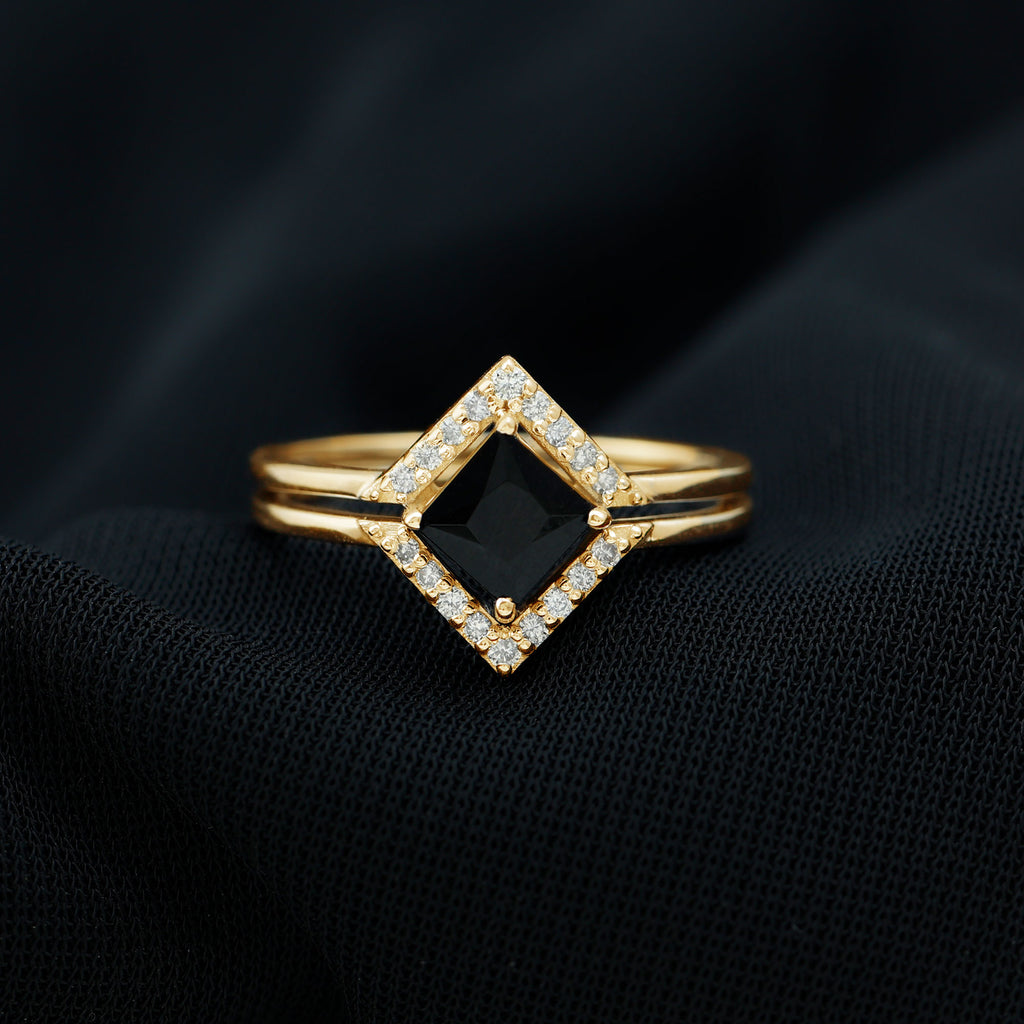 0.75 CT Minimal Princess Cut Black Onyx and Diamond Engagement Enhancer Ring Set Black Onyx - ( AAA ) - Quality - Rosec Jewels
