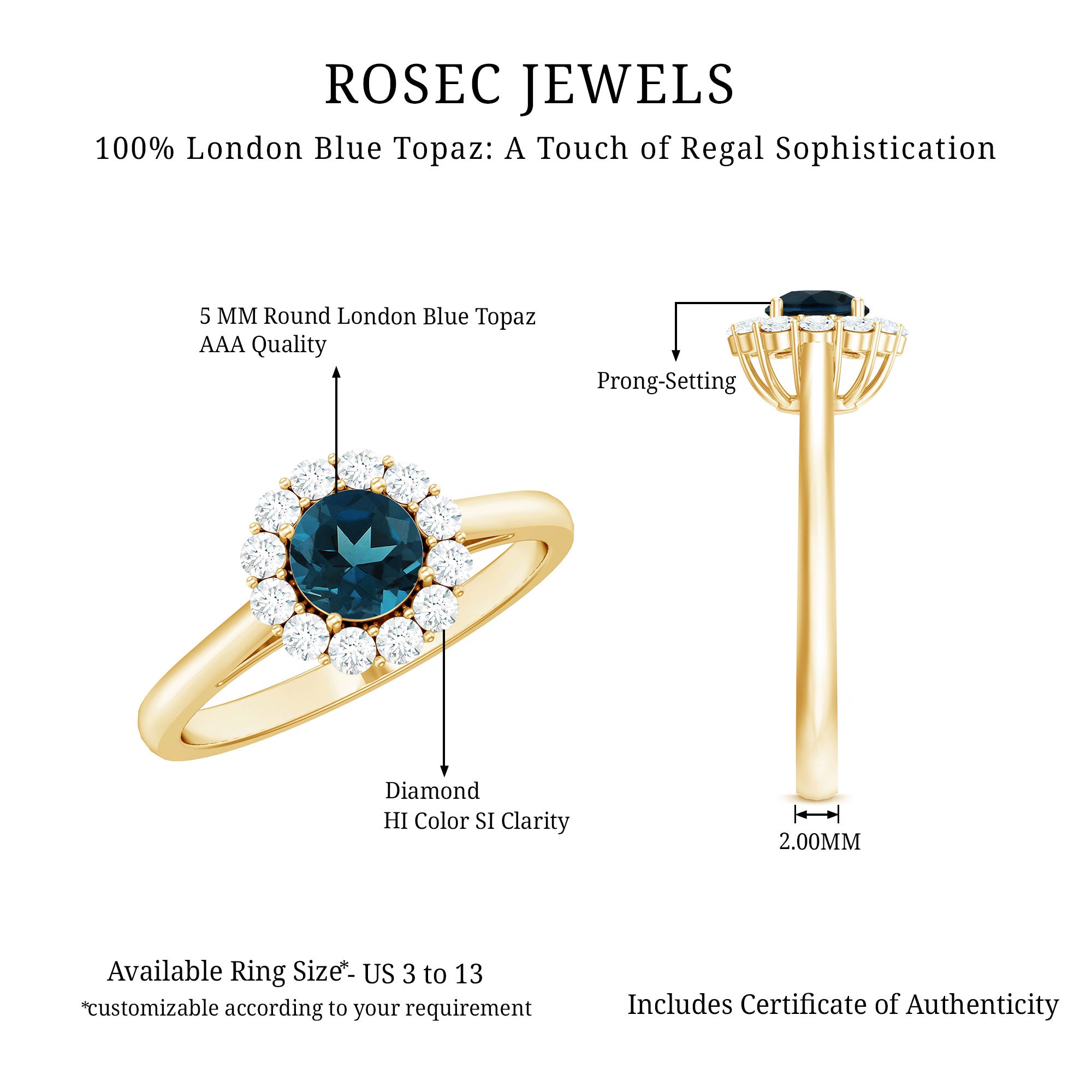Rosec Jewels-Certified London Blue Topaz and Diamond Halo Engagement Ring