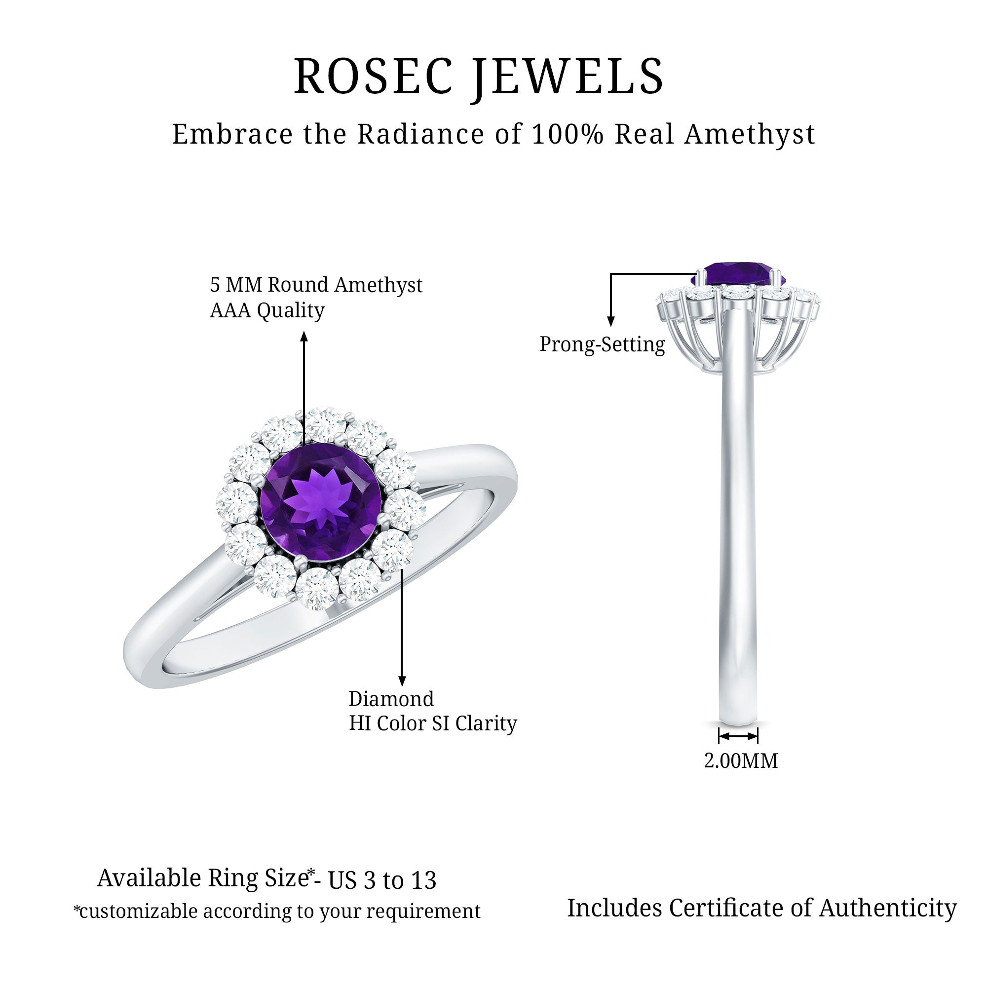 Rosec Jewels-Natural Amethyst Engagement Ring with Diamond Halo for Women