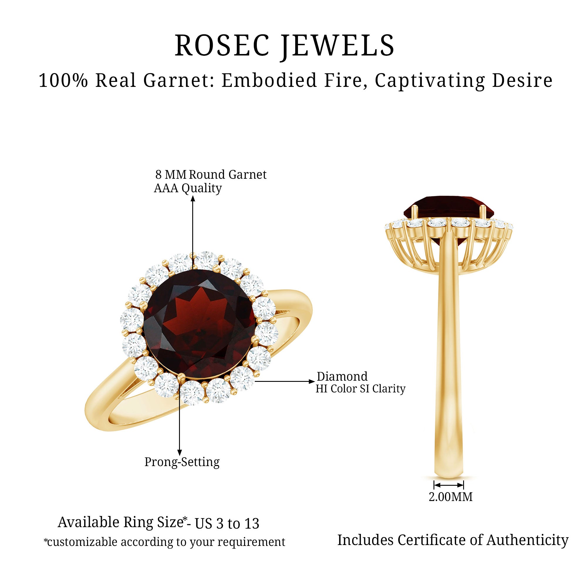 Certified Real 8 mm Garnet Engagement Ring with Diamond Halo AAA - Rosec Jewels