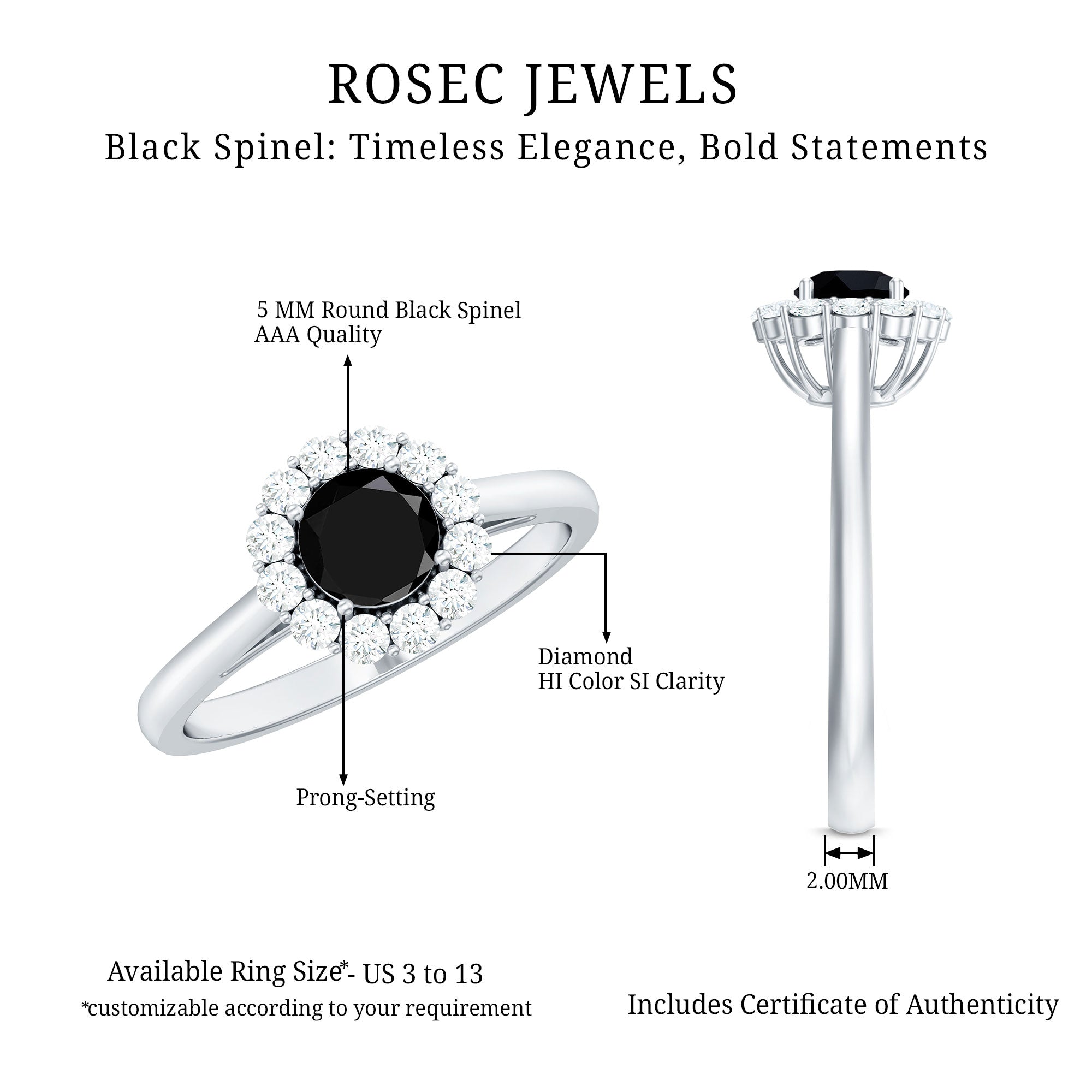 Rosec Jewels-Minimalist Black Spinel Engagement Ring with Diamond Halo