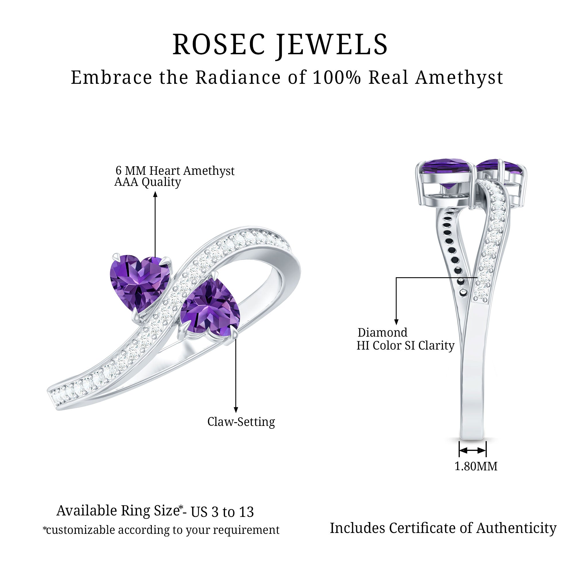 Rosec Jewels-Natural Heart Shape Amethyst Toi Et Moi Engagement Ring with Diamond