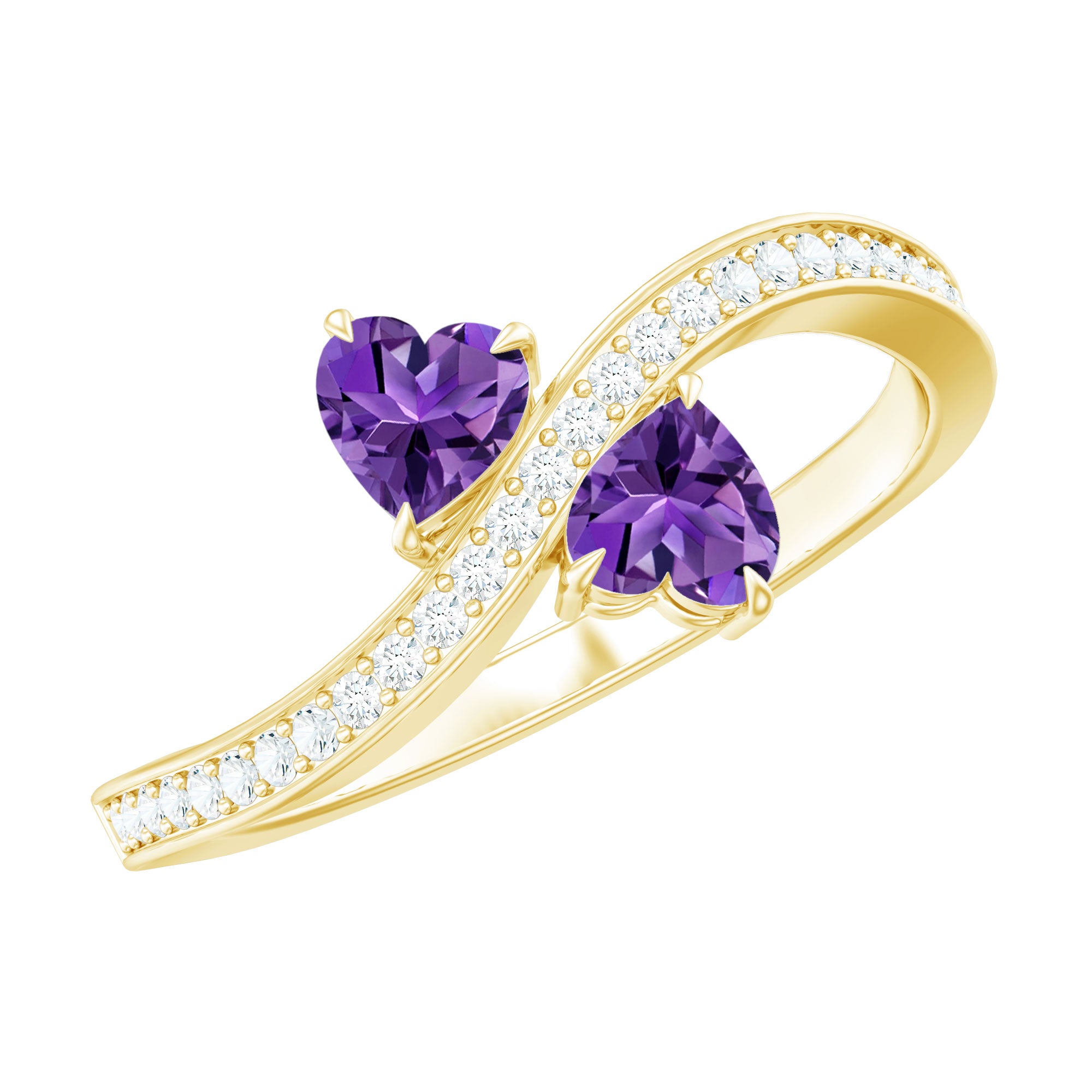 Rosec Jewels-Natural Heart Shape Amethyst Toi Et Moi Engagement Ring with Diamond