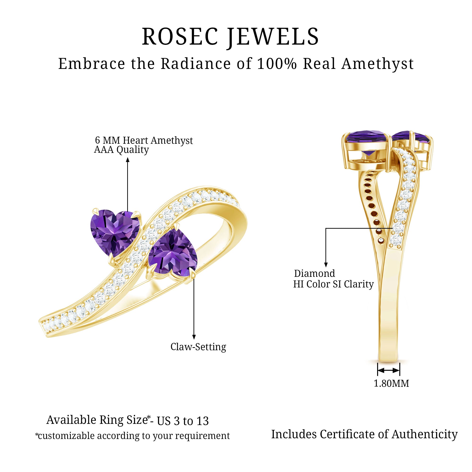 Rosec Jewels-Natural Heart Shape Amethyst Toi Et Moi Engagement Ring with Diamond
