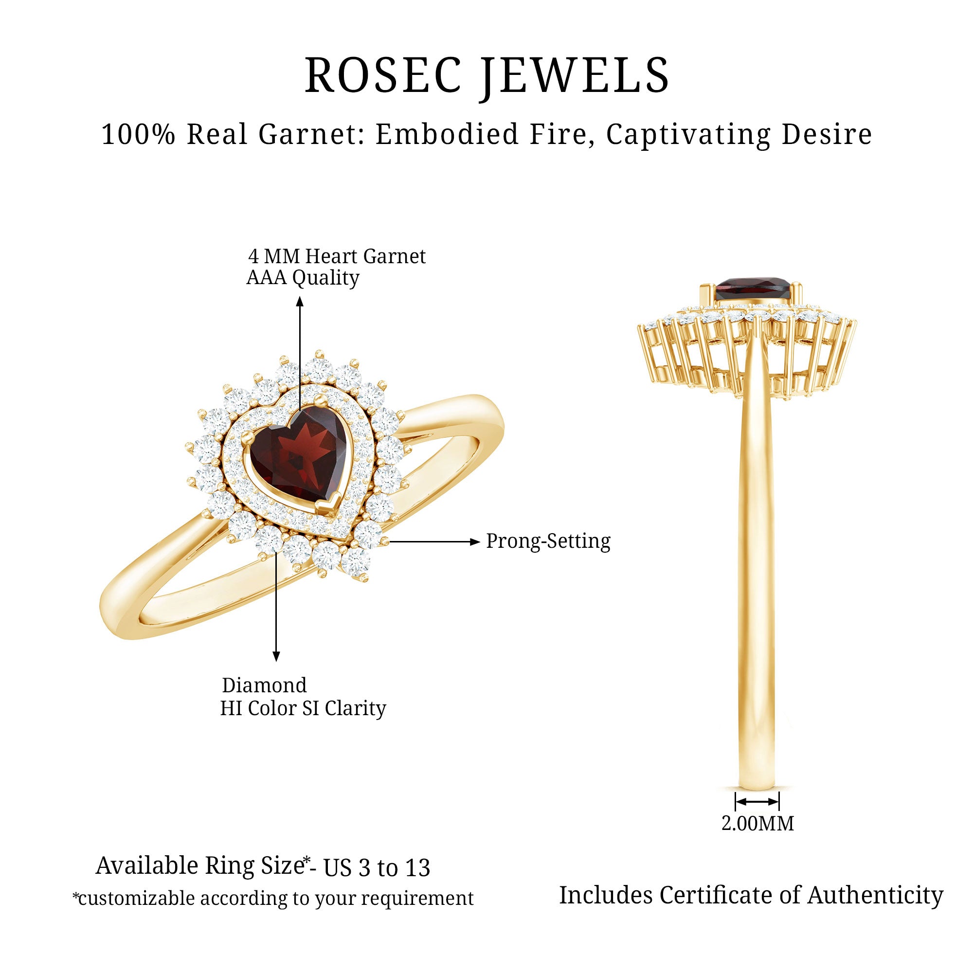 Rosec Jewels-Real Garnet Heart Shaped Engagement Ring with Diamond Double Halo
