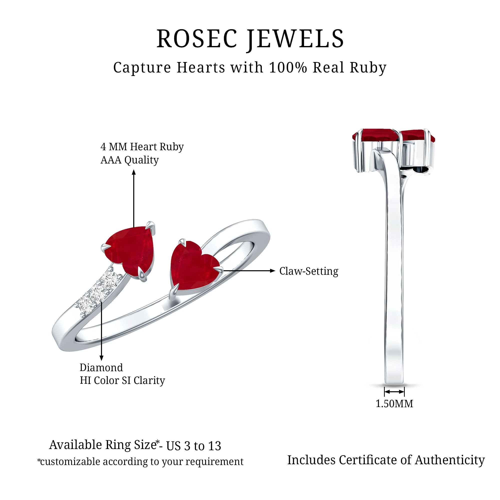 Rosec Jewels-Real Heart Shape Ruby Toi Et Moi Promise Ring with Diamond