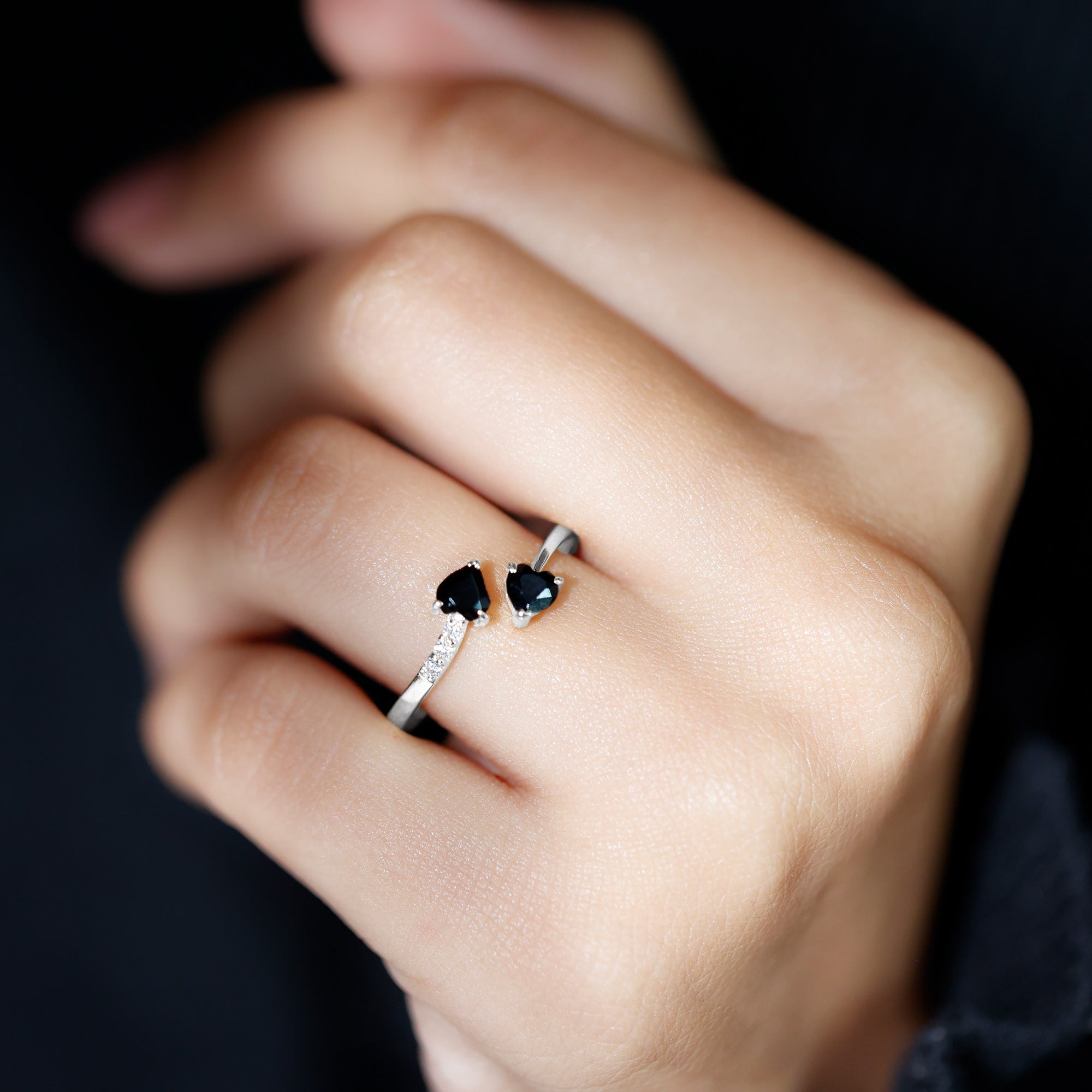 Heart Shape Black Onyx Two Stone Wrap Ring with Diamond Black Onyx - ( AAA ) - Quality - Rosec Jewels