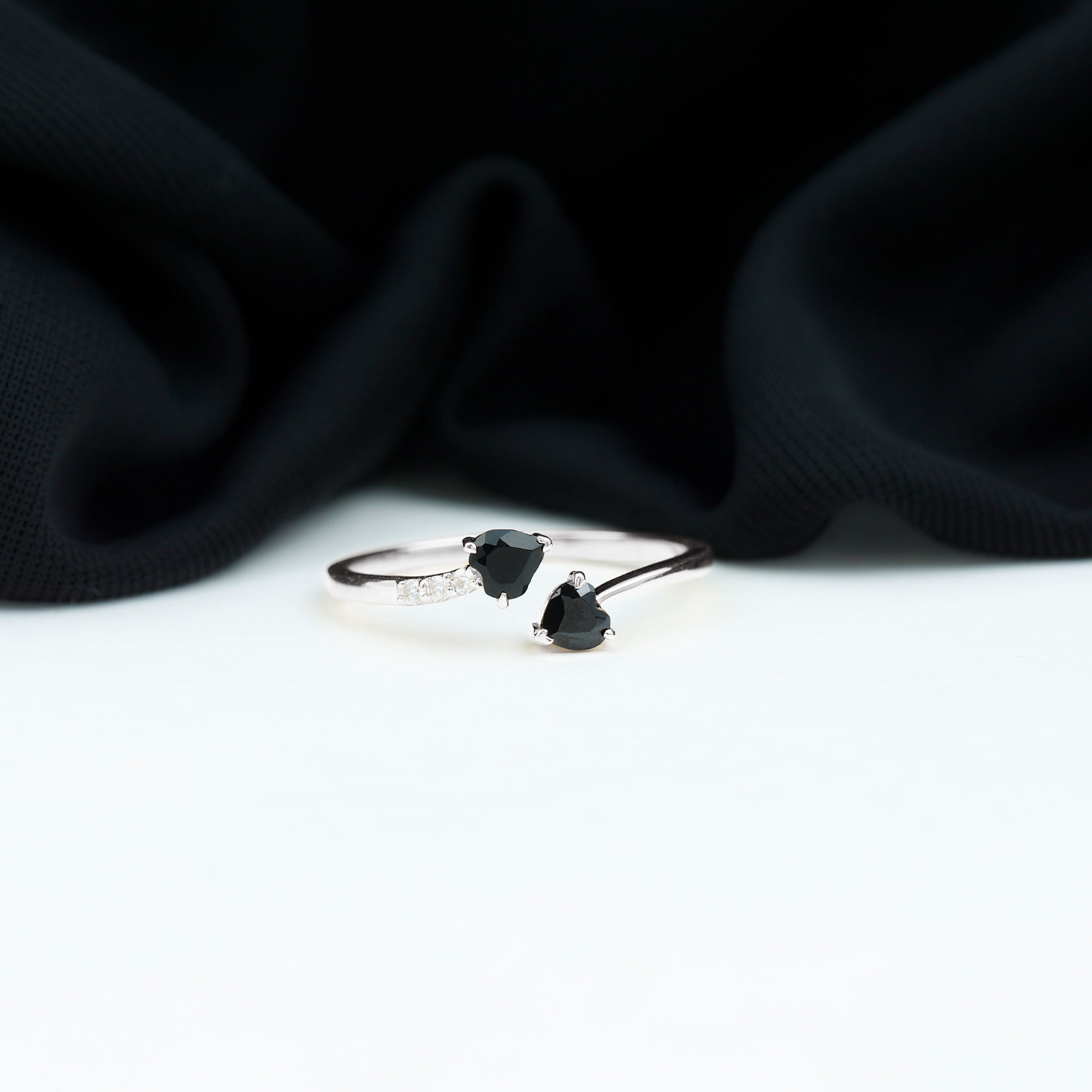 Heart Shape Black Onyx Two Stone Wrap Ring with Diamond Black Onyx - ( AAA ) - Quality - Rosec Jewels