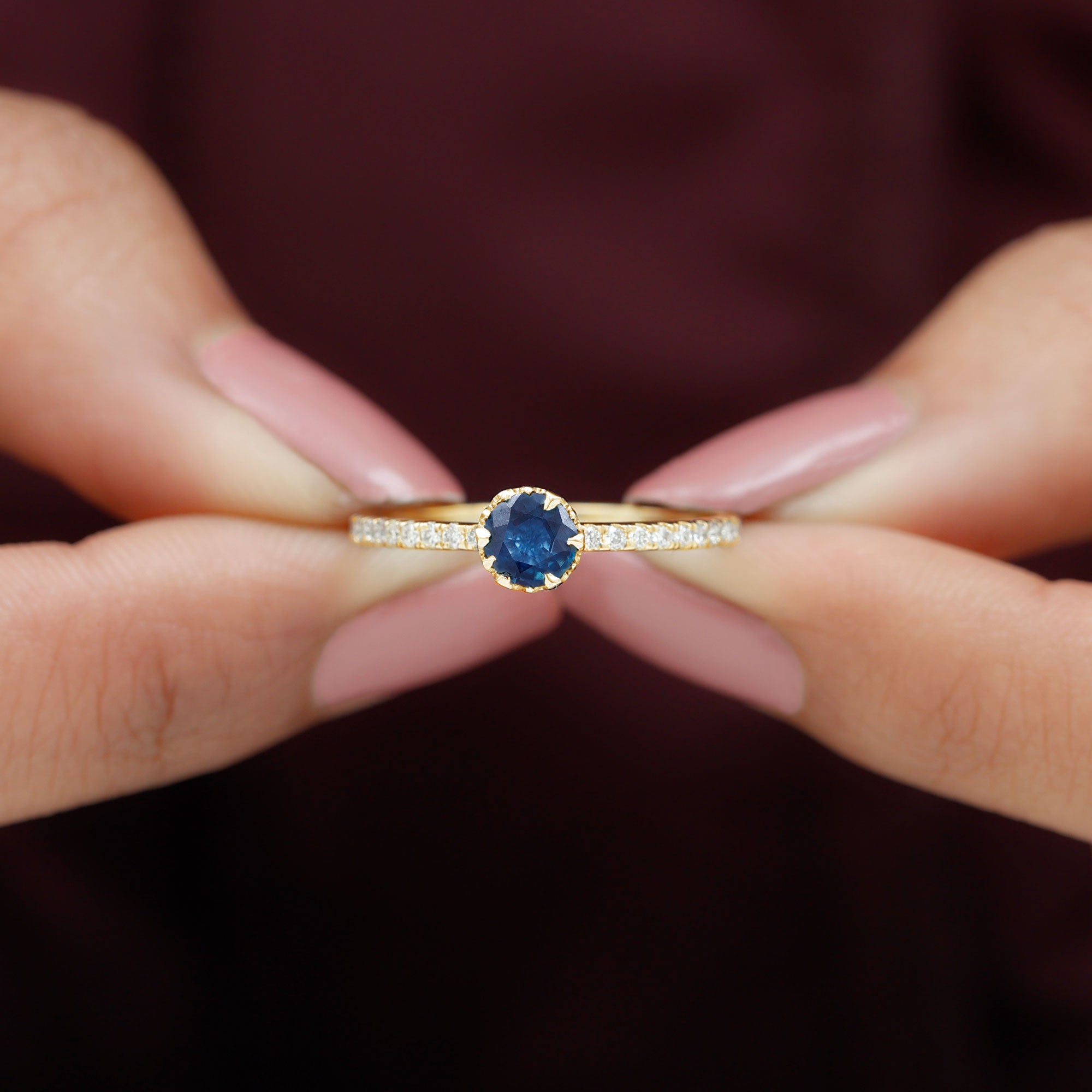 Natural Blue Sapphire Minimal Solitaire Ring with Diamond Side Stones Blue Sapphire - ( AAA ) - Quality - Rosec Jewels