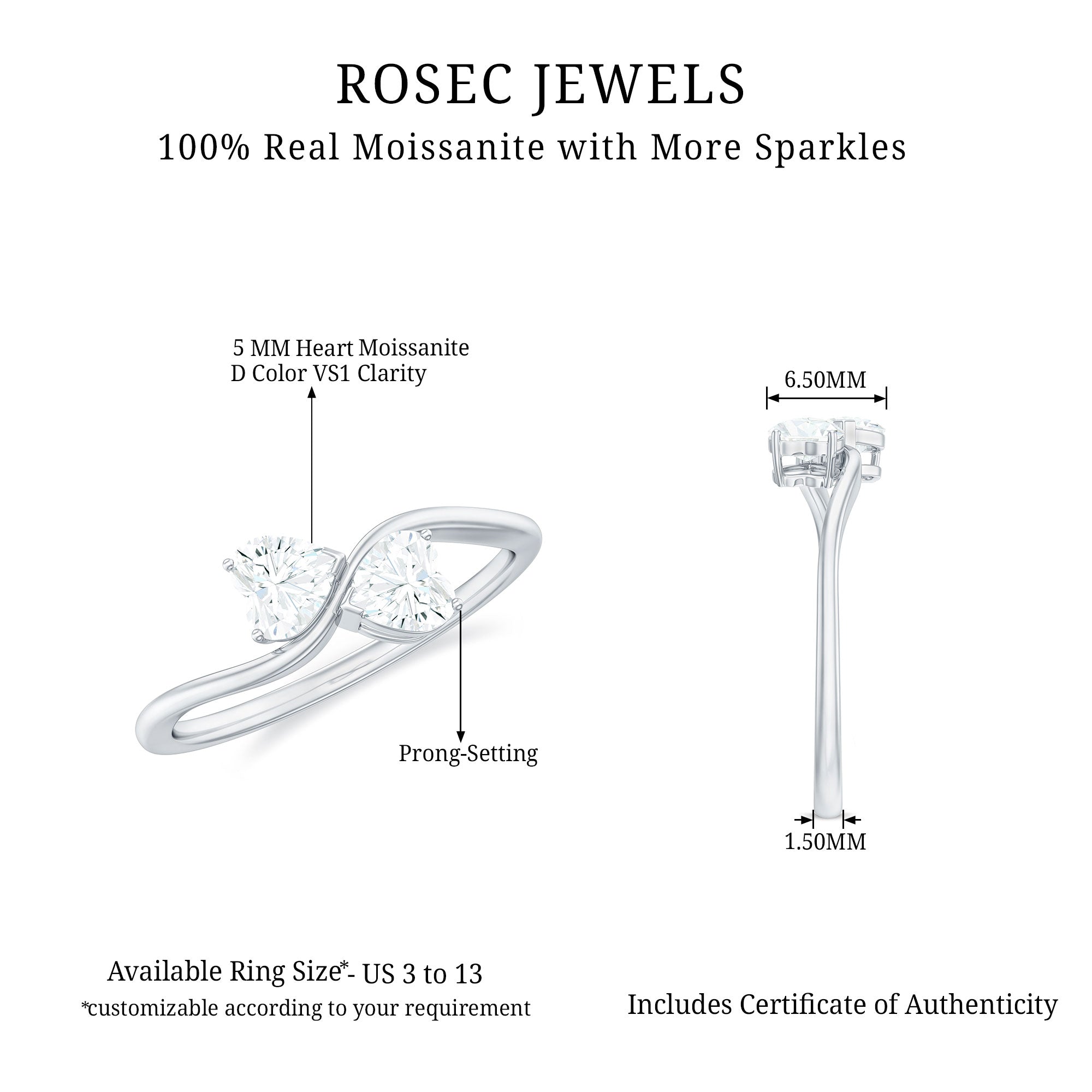 1 CT Heart Shape Moissanite Toi et Moi Promise Ring Moissanite - ( D-VS1 ) - Color and Clarity - Rosec Jewels