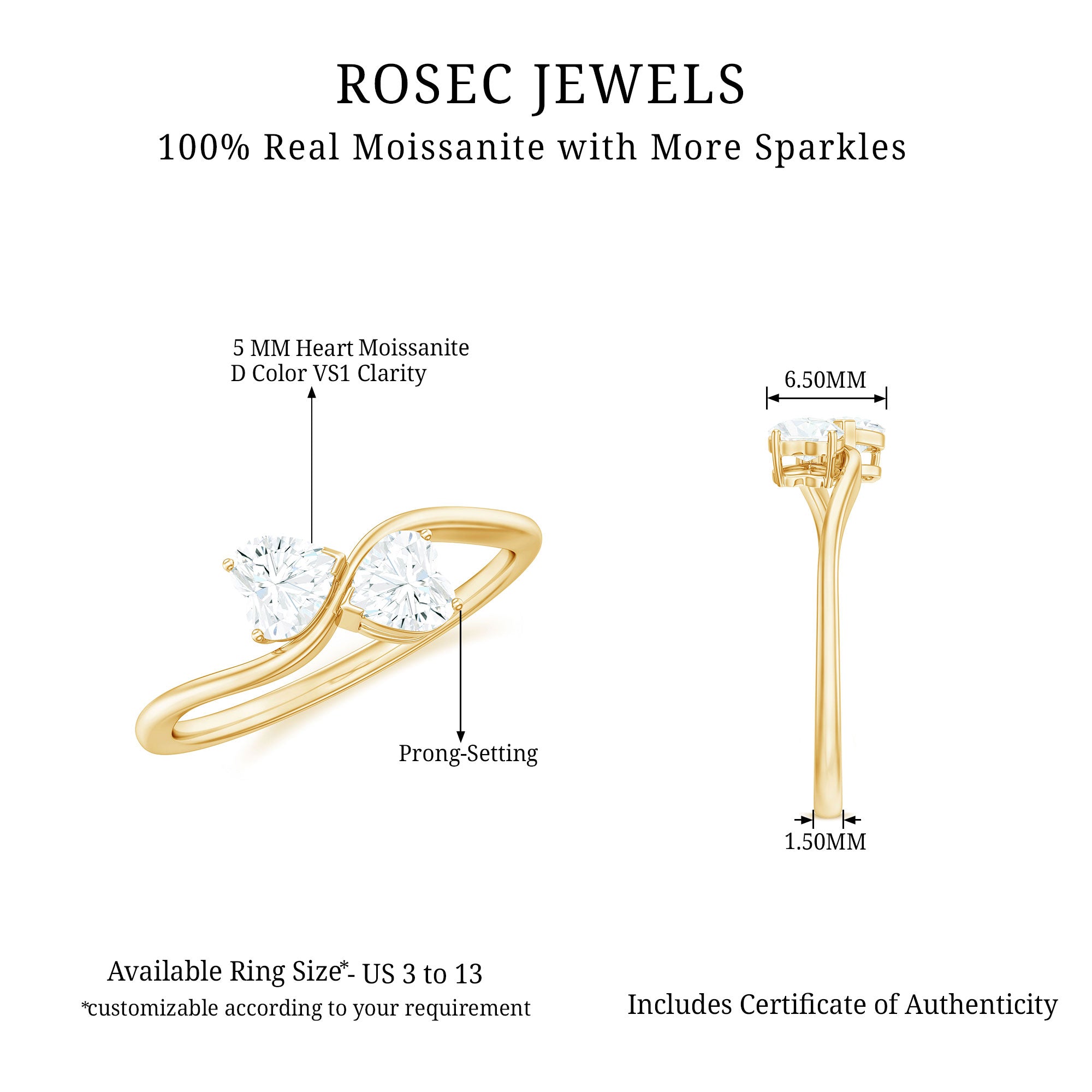 1 CT Heart Shape Moissanite Toi Et Moi Promise Ring D-VS1 - Rosec Jewels