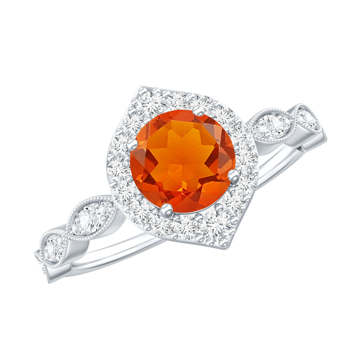 Vintage Style Fire Opal Engagement Ring with Diamond Accent AAA - Rosec Jewels