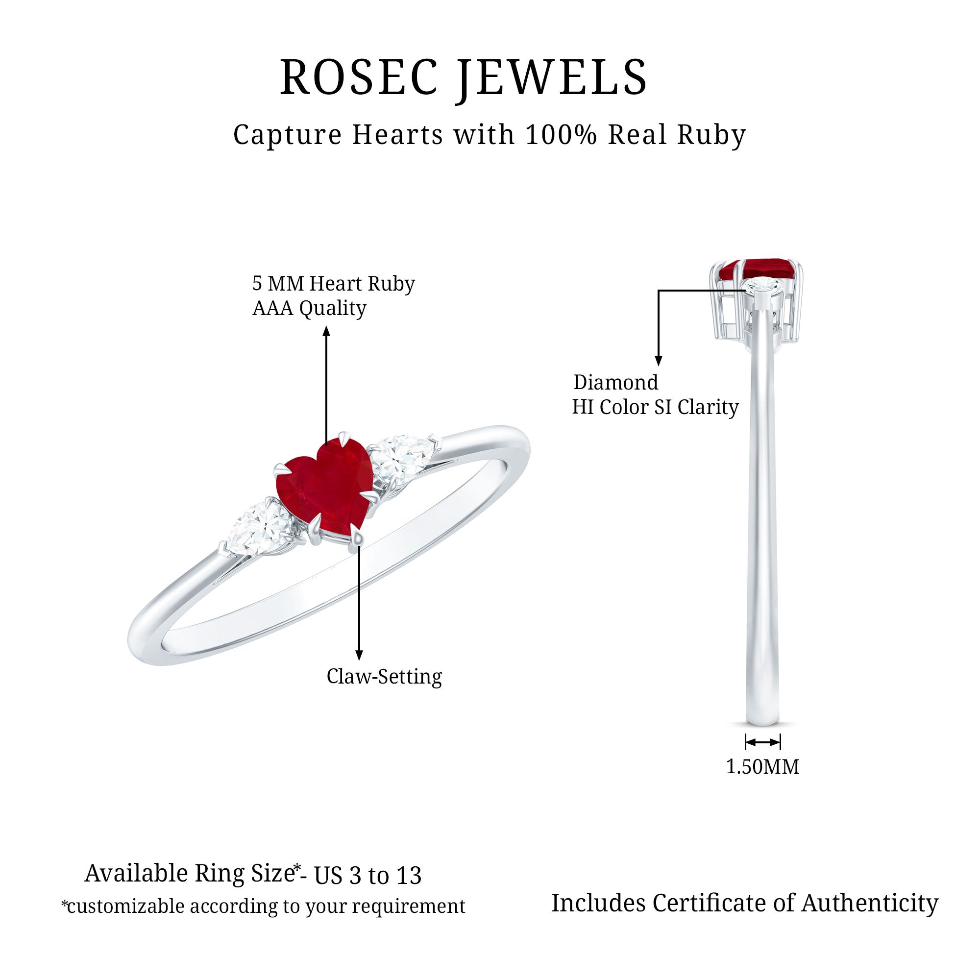 Rosec Jewels-Natural 0.6 Carat Heart Shape Ruby Diamond 3 Stone Promise Ring