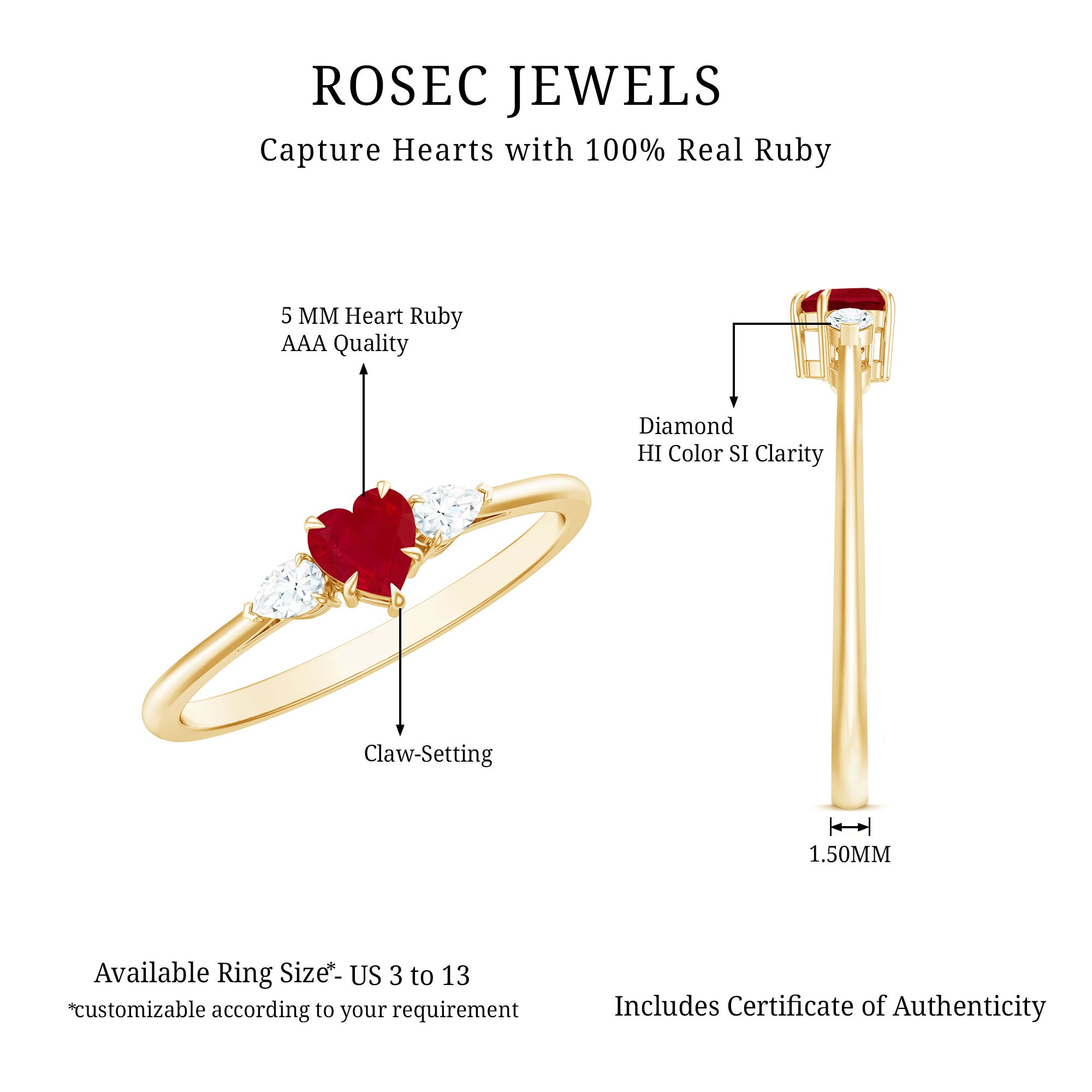 Rosec Jewels-Natural 0.6 Carat Heart Shape Ruby Diamond 3 Stone Promise Ring