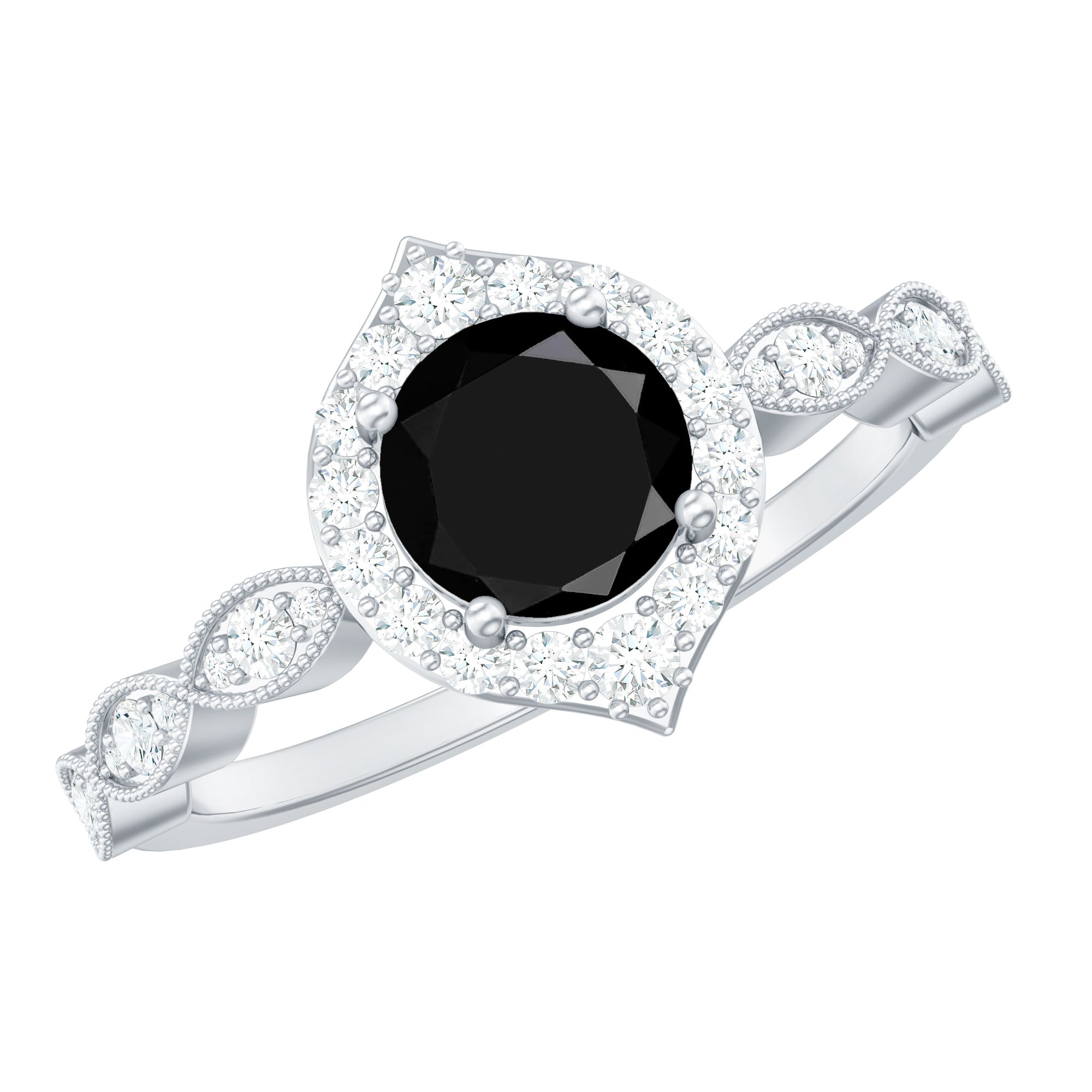 Vintage Style Black Spinel Engagement Ring with Diamond Accent