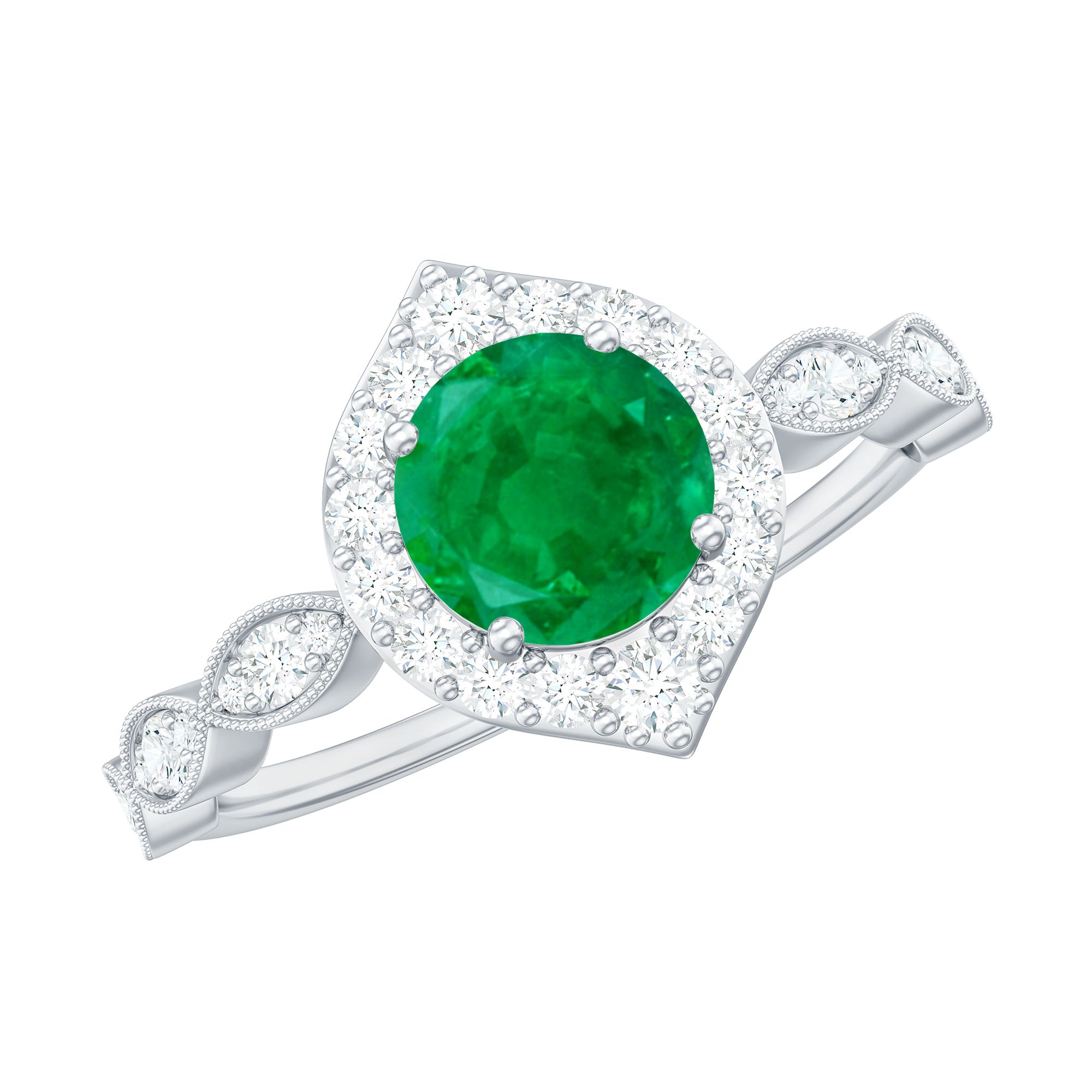 Natural Emerald Vintage Looking Engagement Ring with Diamond Halo AAA - Rosec Jewels