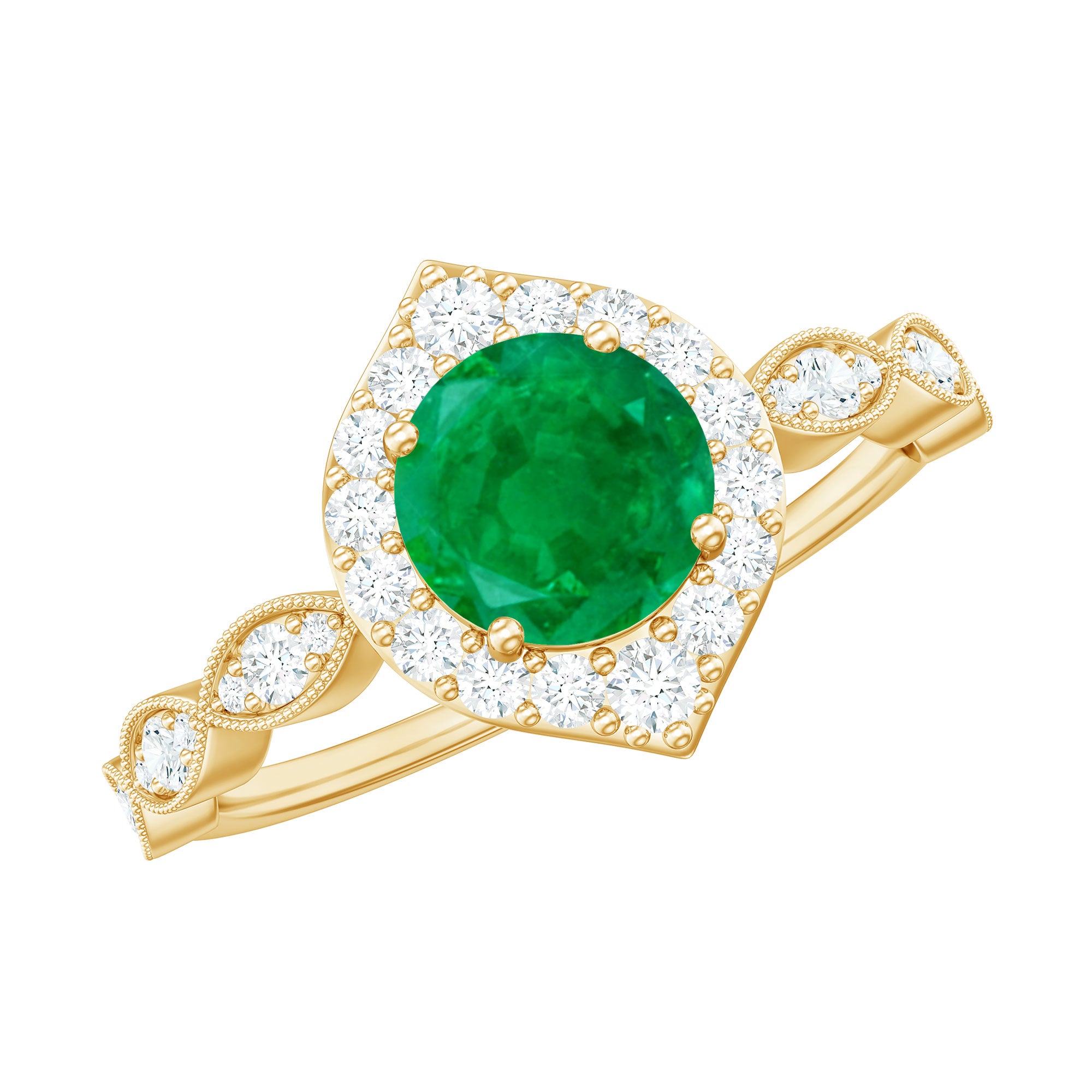 Natural Emerald Vintage Looking Engagement Ring with Diamond Halo AAA - Rosec Jewels