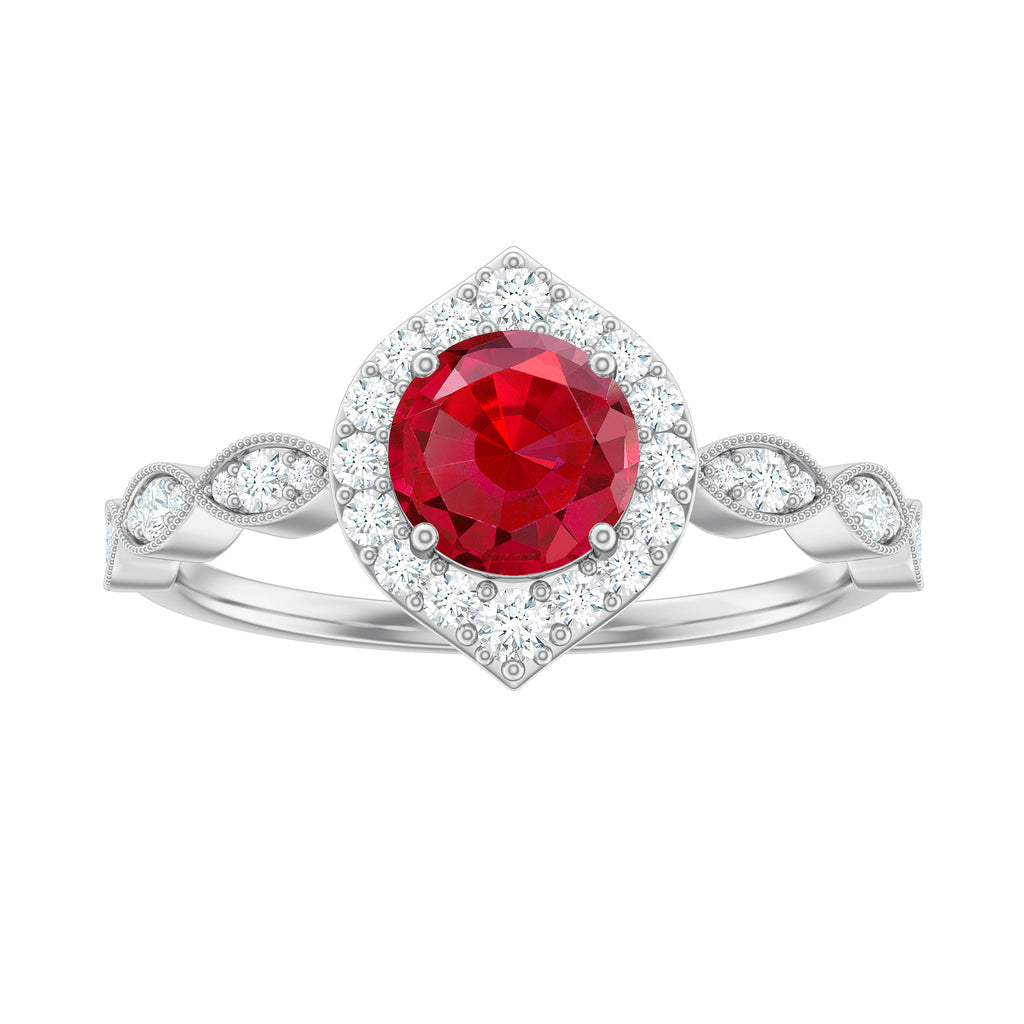 2 CT Vintage Style Created Ruby Engagement Ring with Moissanite Lab Created Ruby - ( AAAA ) - Quality - Rosec Jewels