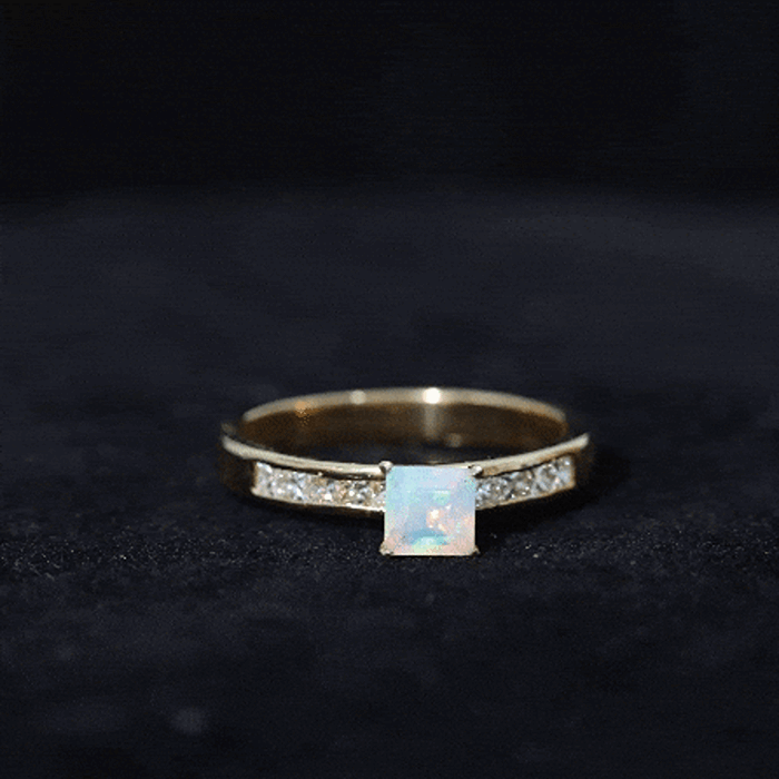 Certified Real Ethiopian Opal Princess Cut Engagement Ring with Diamond AAA - Rosec Jewels