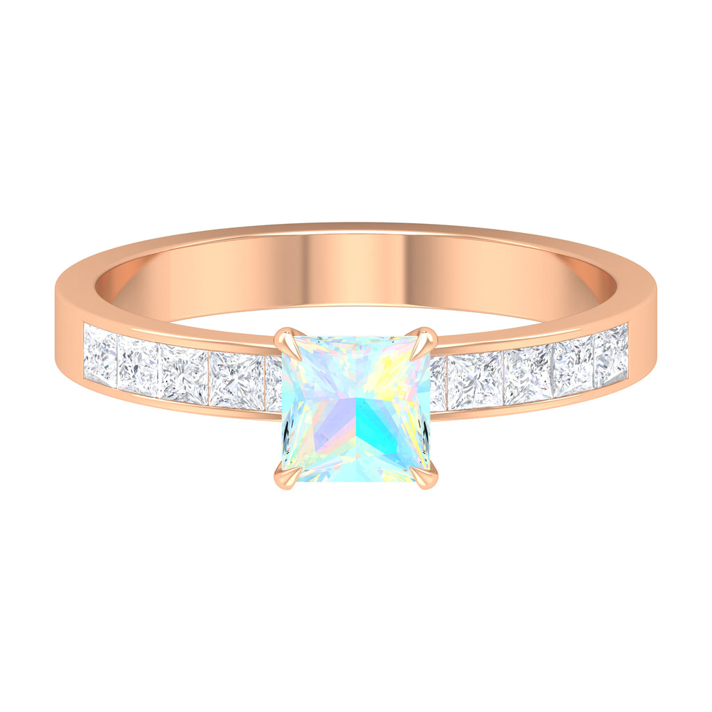 Princess Cut Ethiopian Opal Solitaire Ring with Diamond Side Stones Ethiopian Opal - ( AAA ) - Quality - Rosec Jewels