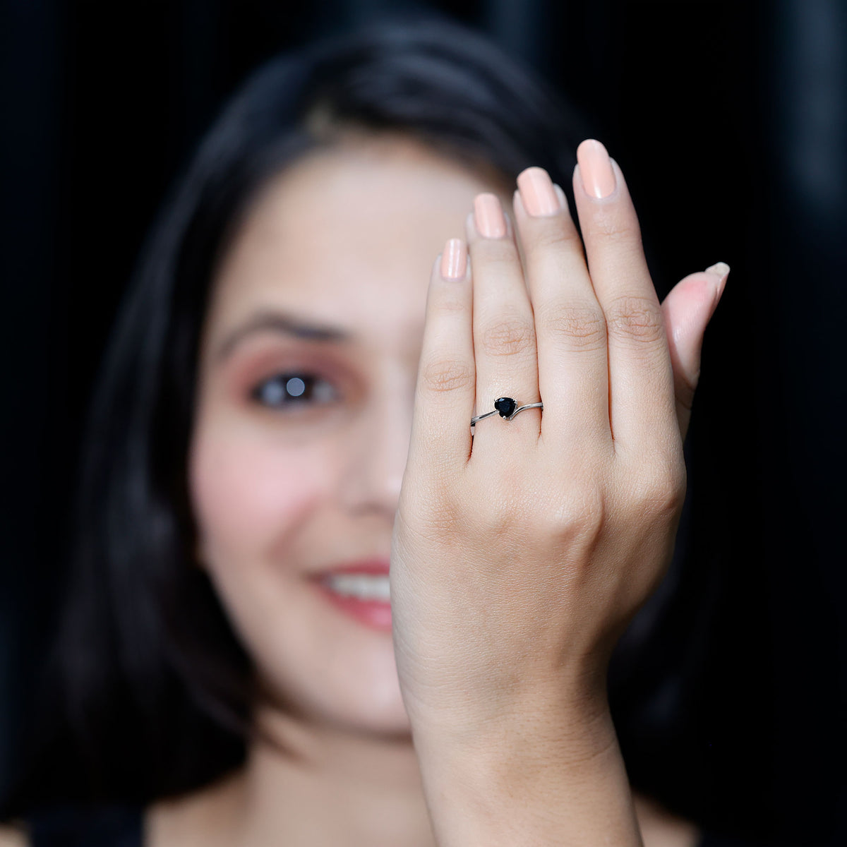 Natural Black Spinel Heart Promise Ring in East West Style AAA - Rosec Jewels