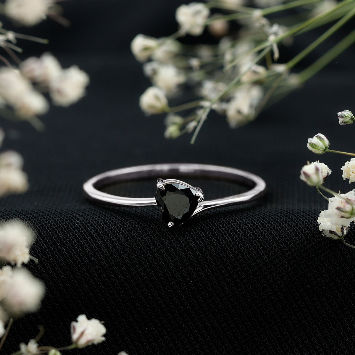 Natural Black Spinel Heart Promise Ring in East West Style AAA - Rosec Jewels