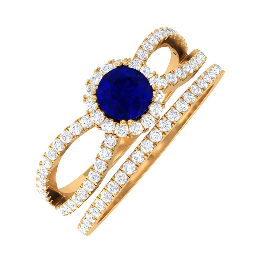 Blue Sapphire Wedding Ring Set with Diamond Blue Sapphire - ( AAA ) - Quality - Rosec Jewels