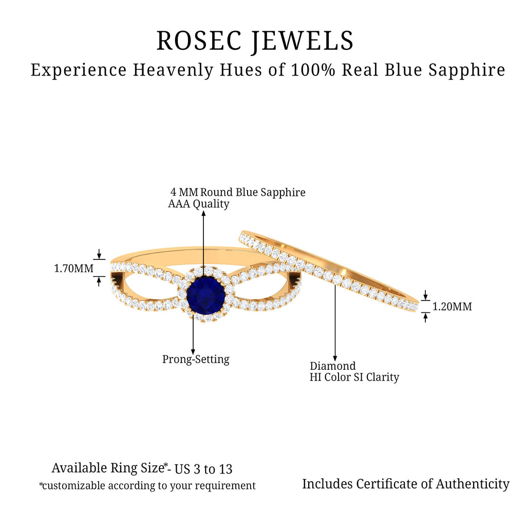 Blue Sapphire Wedding Ring Set with Diamond Blue Sapphire - ( AAA ) - Quality - Rosec Jewels