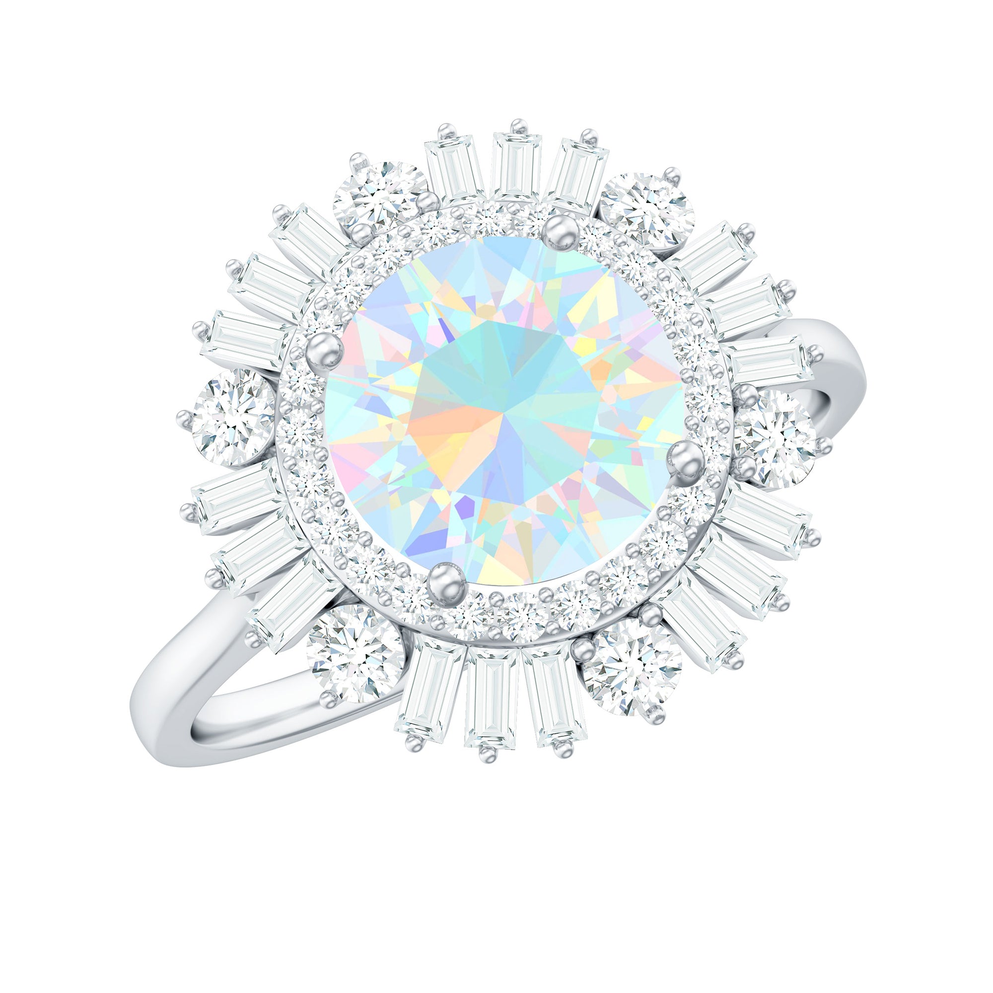 Round Ethiopian Opal Cocktail Ring with Moissanite Double Halo Ethiopian Opal - ( AAA ) - Quality - Rosec Jewels