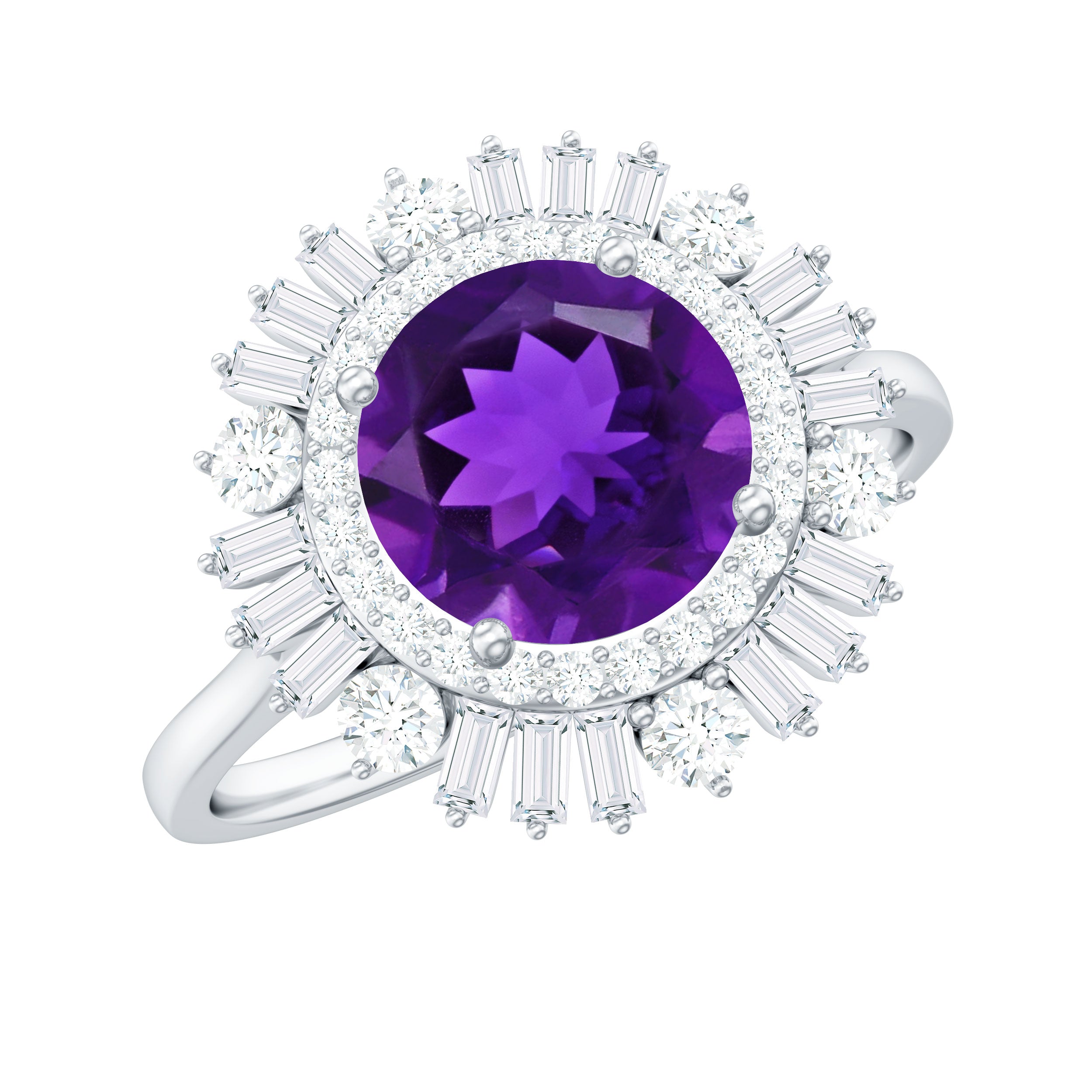 Rosec Jewels-Natural 1.2 Carat Amethyst Statement Engagement Ring with Moissanite Double Halo