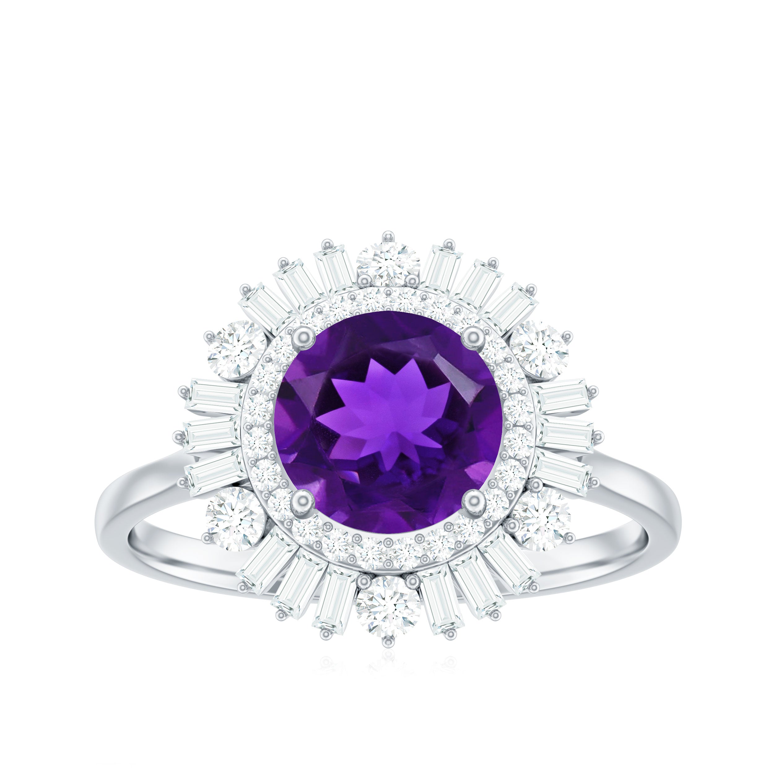 Rosec Jewels-Natural 1.2 Carat Amethyst Statement Engagement Ring with Moissanite Double Halo
